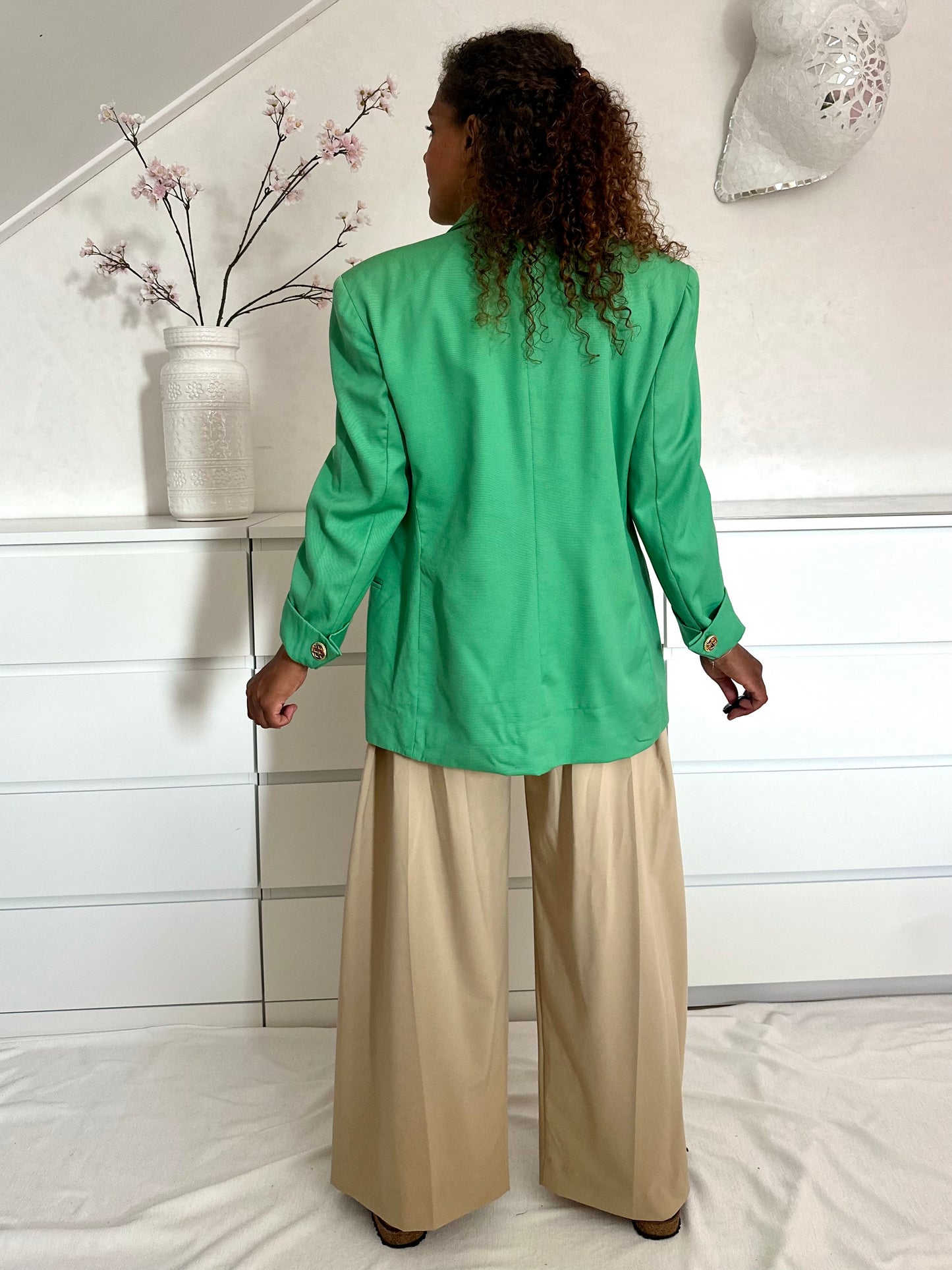 Vintage appelgroene blazer met geborduurde details - L/XL