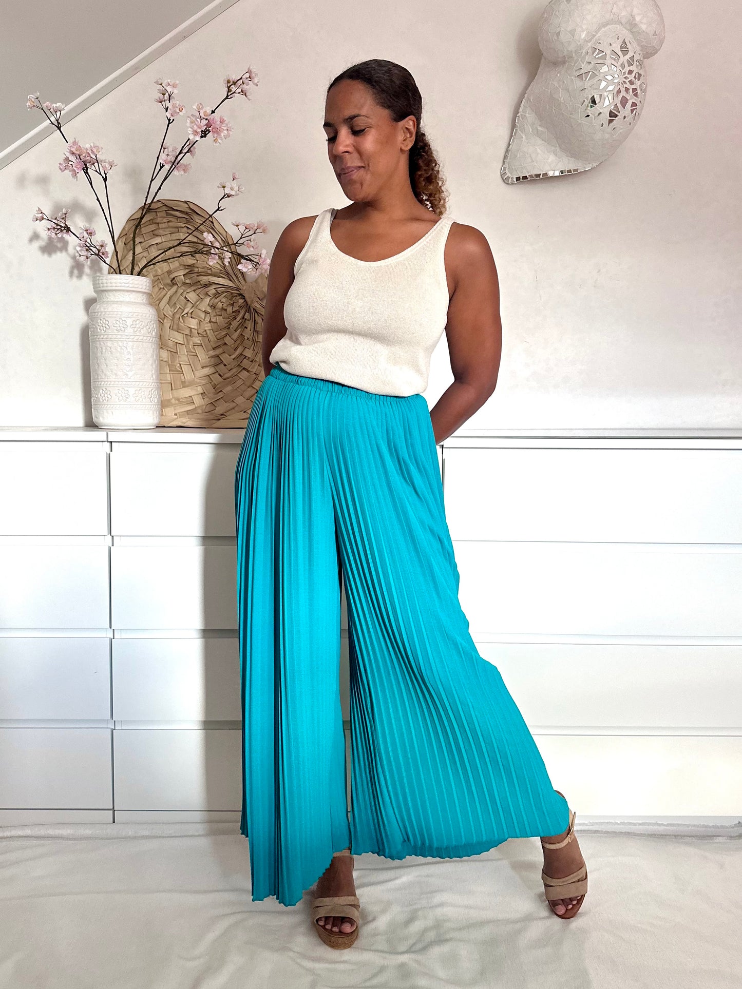 Vintage geplooide palazzo broek in turquoise - S/M