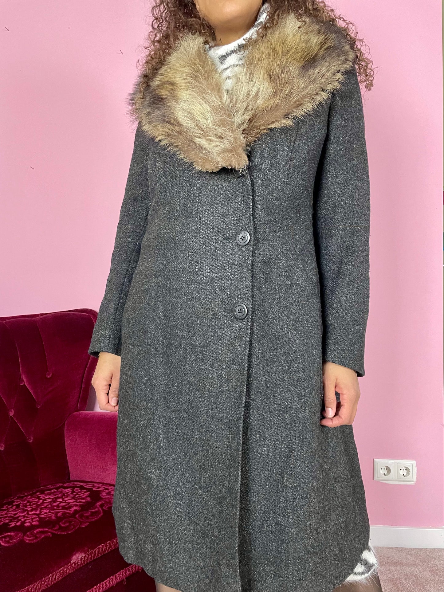 Vintage classy wollen mantel met bontkraag