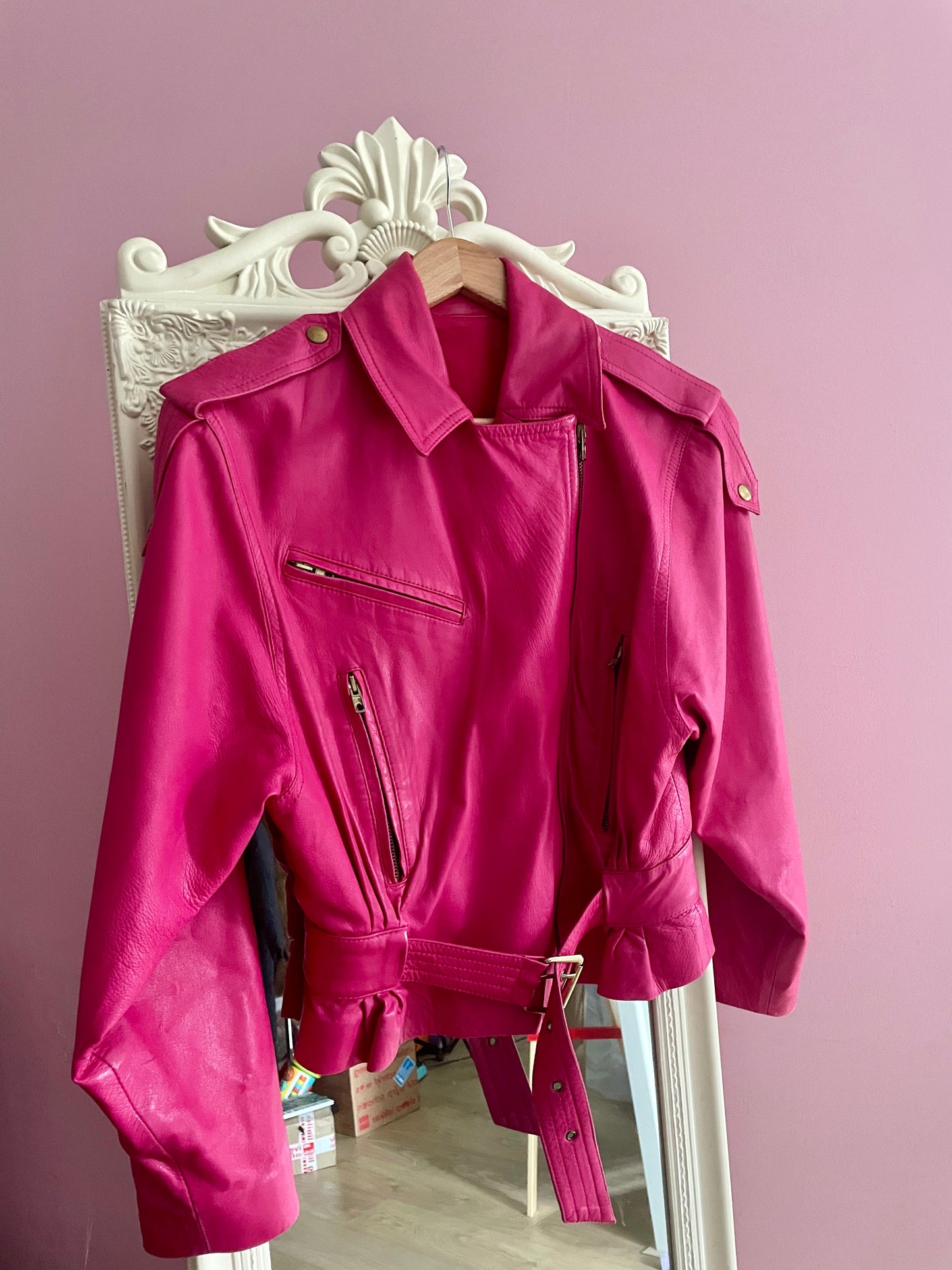 Vintage fuchsia leren bikerjack