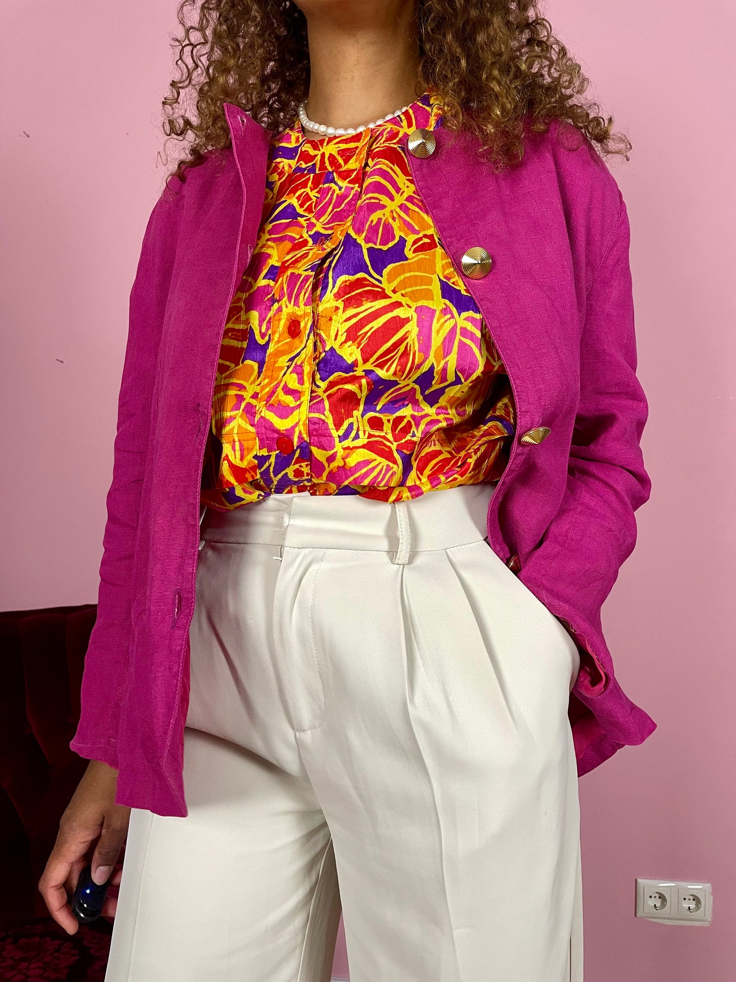 Vintage linnen magenta blazer