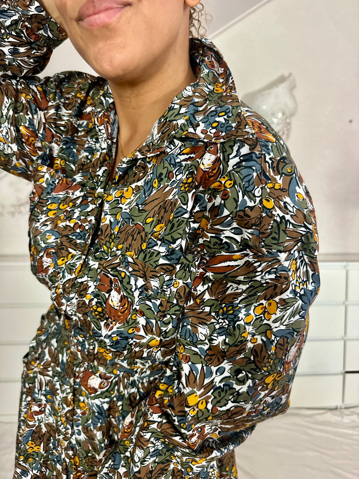 Vintage maxi-jurk in katoen met botanische vogel print - M