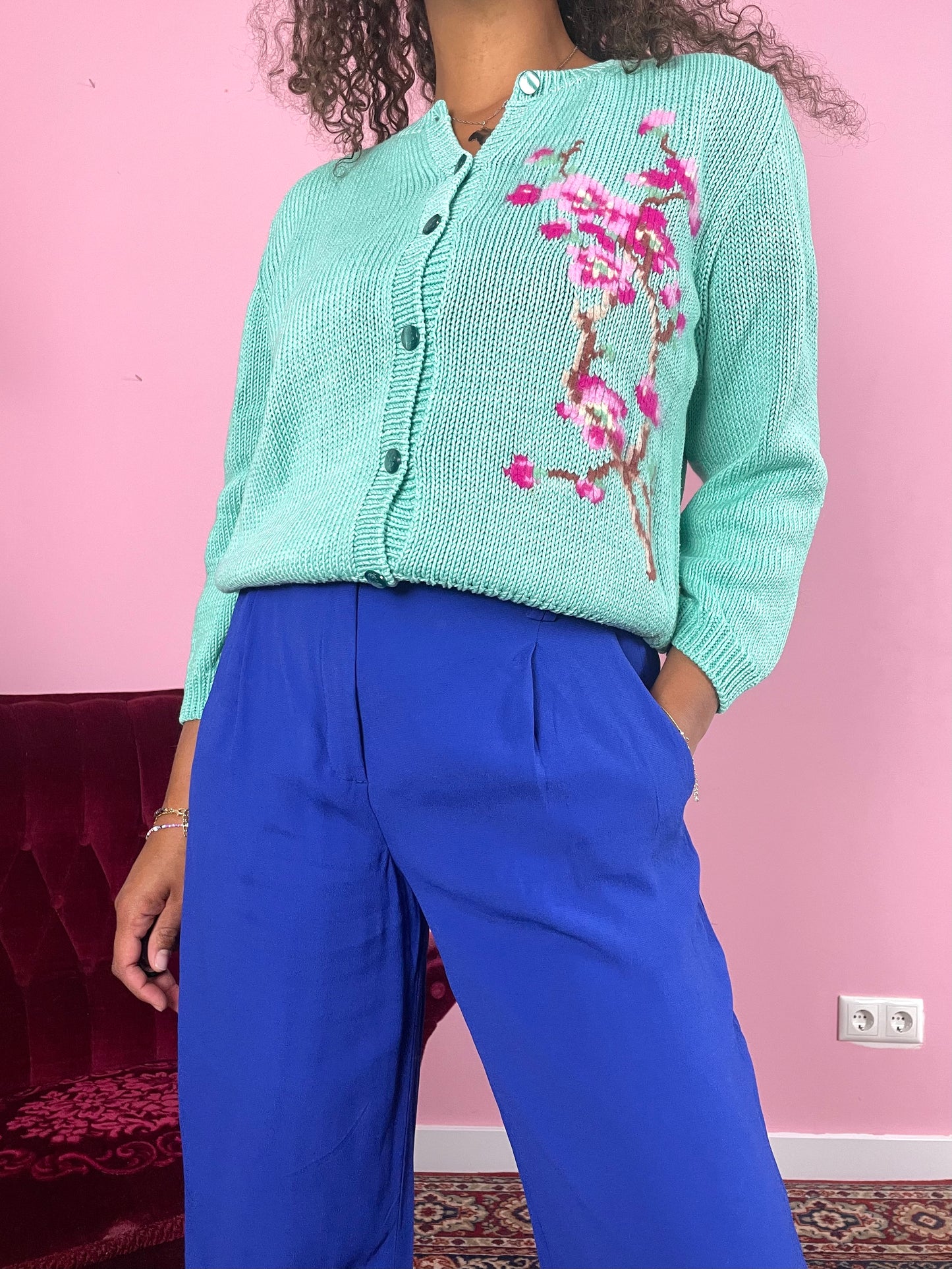 Vintage turquoise bloesem vest