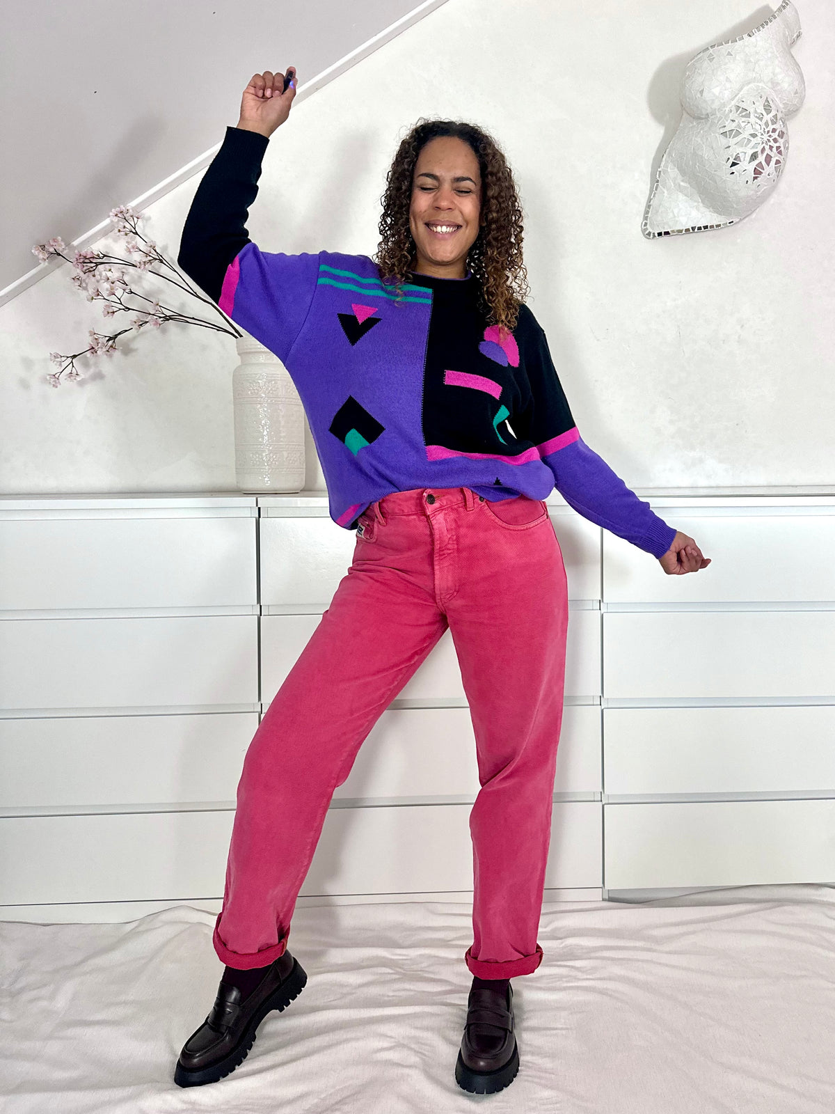 Vintage lange gebreide trui met 80’s print - XL/XXL