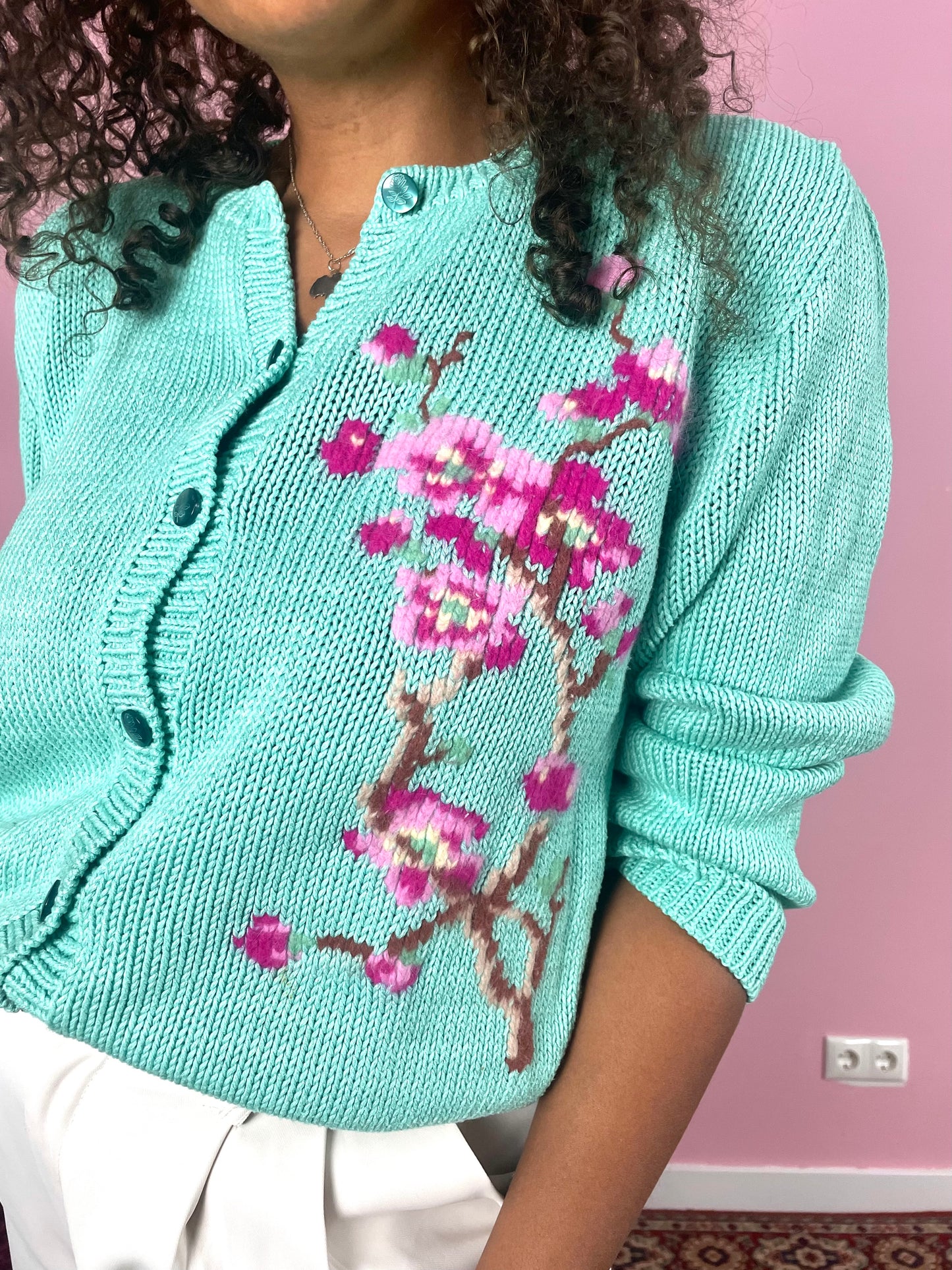 Vintage turquoise bloesem vest
