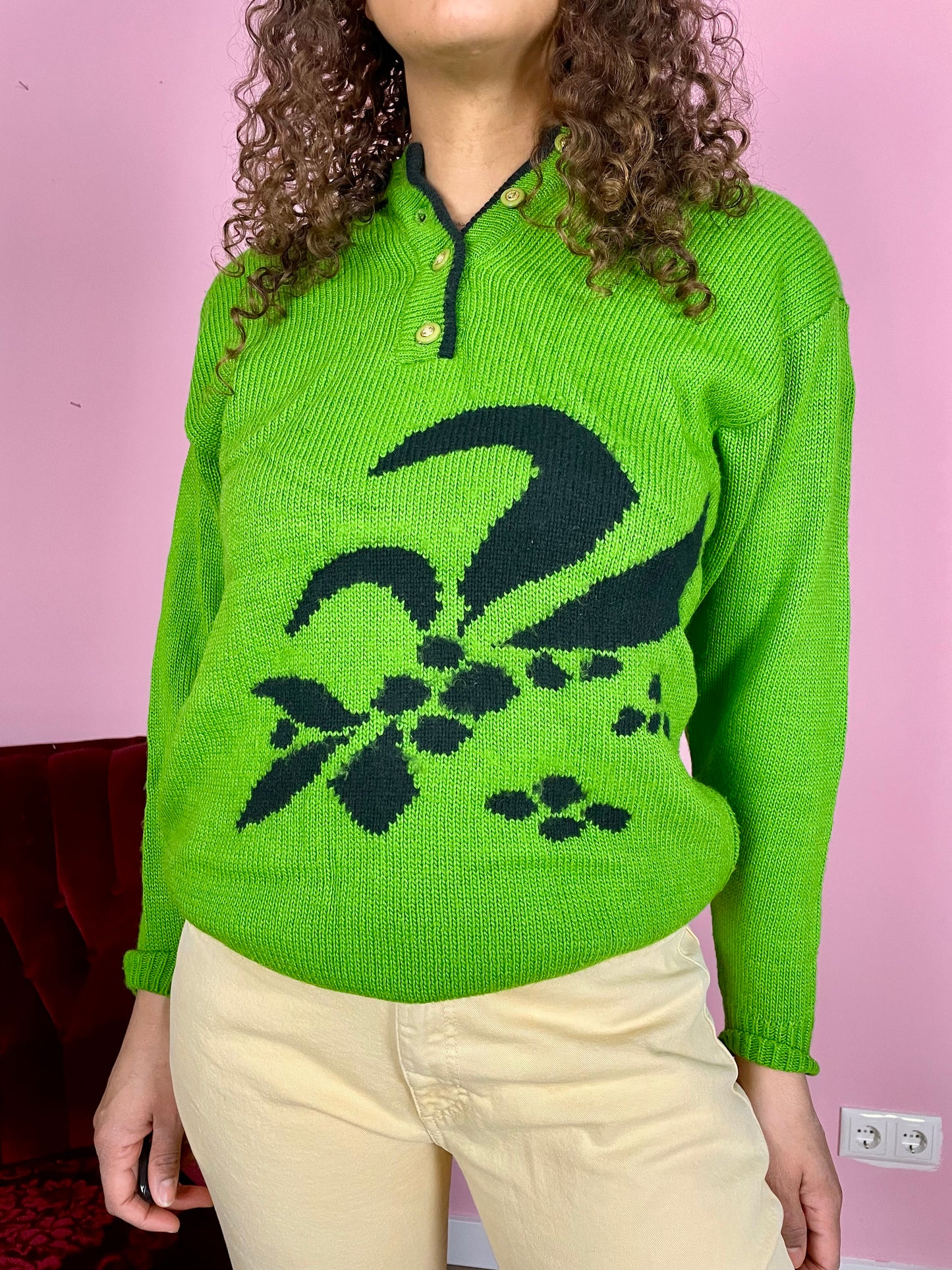 Vintage groene floral sweater