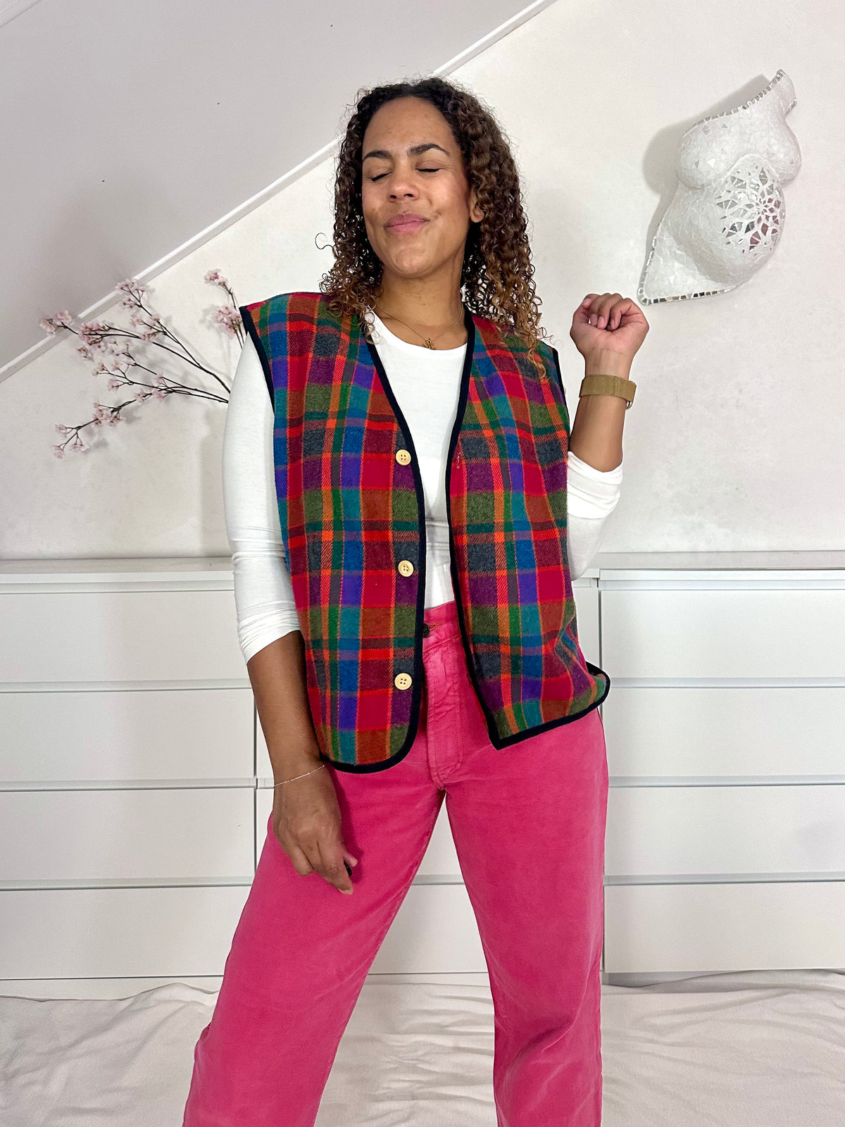 Vintage zachte gilet met geblokte print - M/L