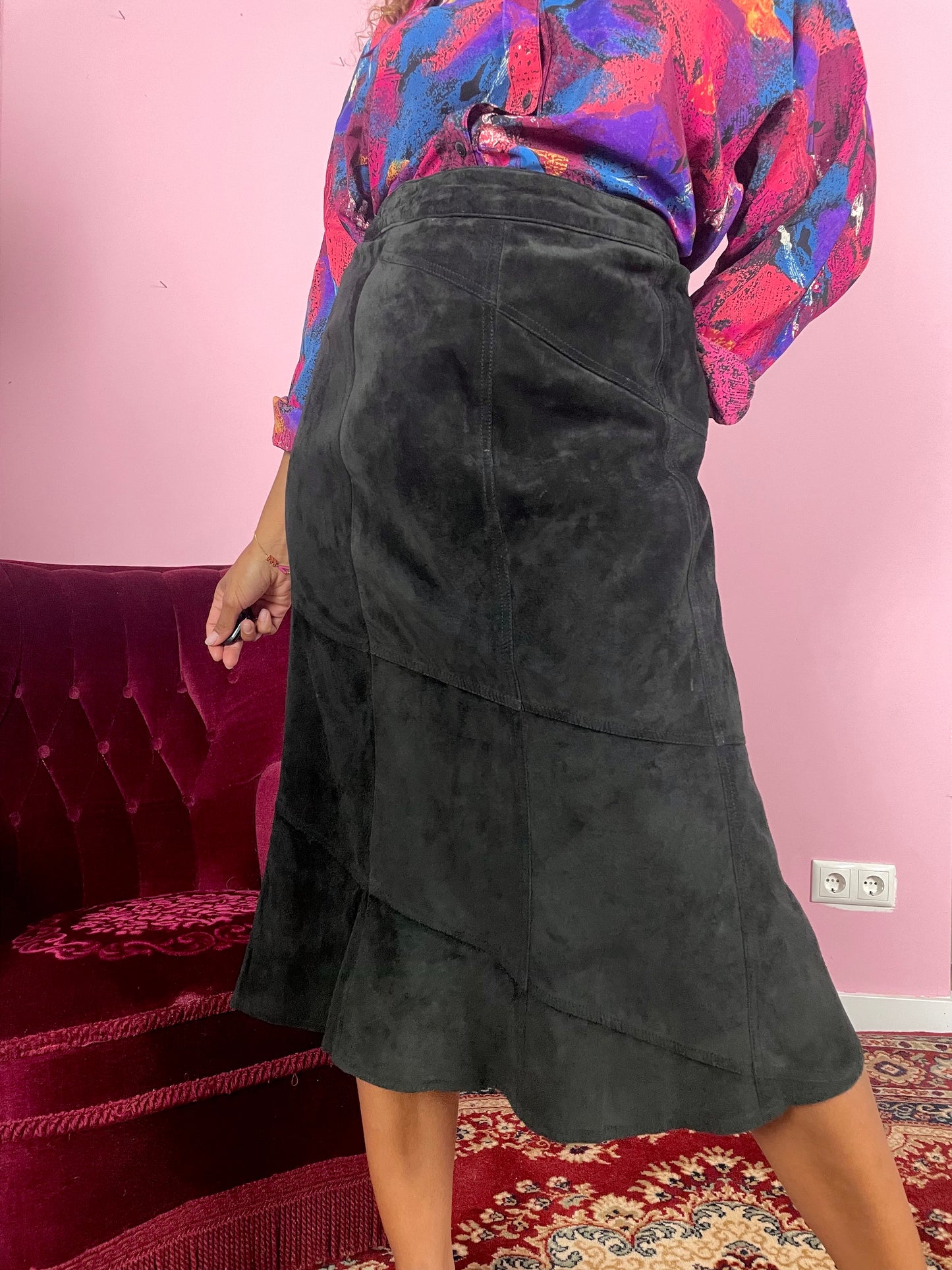 Vintage suede plus size midi rok
