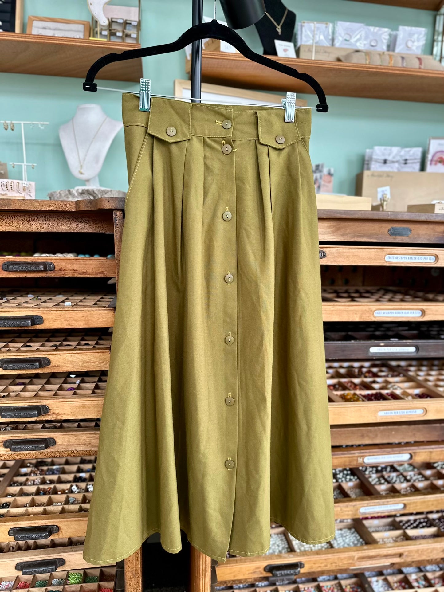 Vintage olijfgroene midi-rok