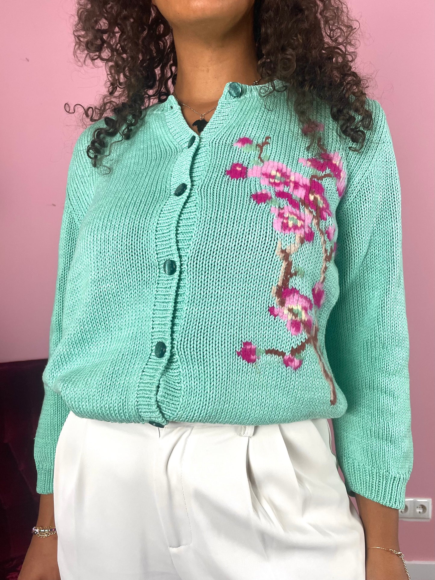 Vintage turquoise bloesem vest