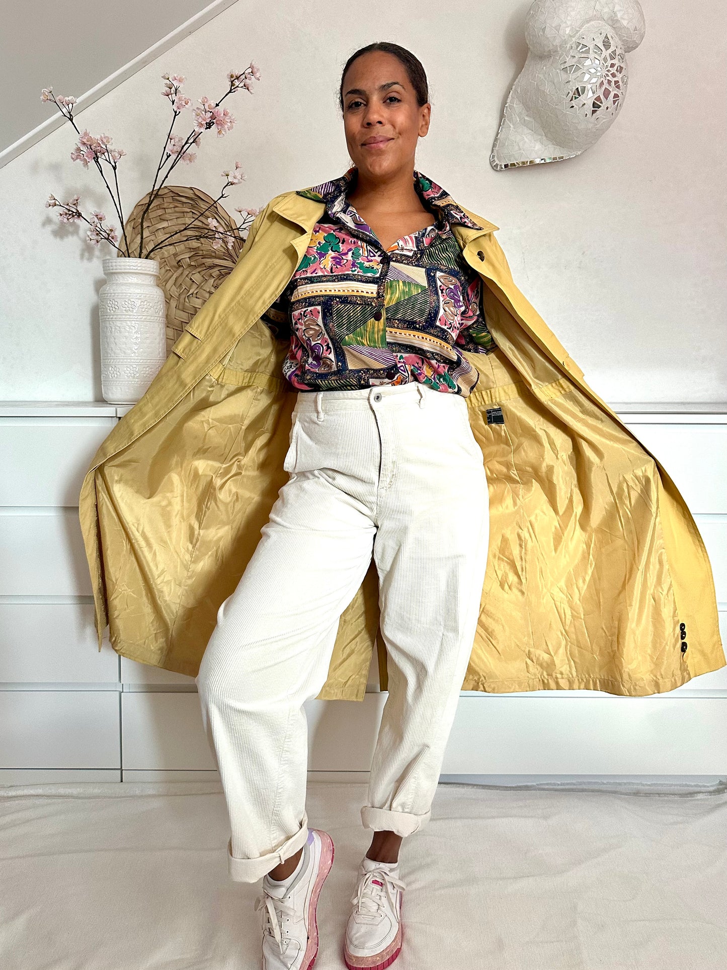Vintage patchwork print blouse in oker en groen - L