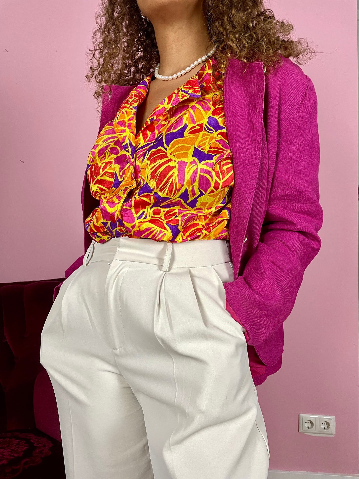Vintage linnen magenta blazer