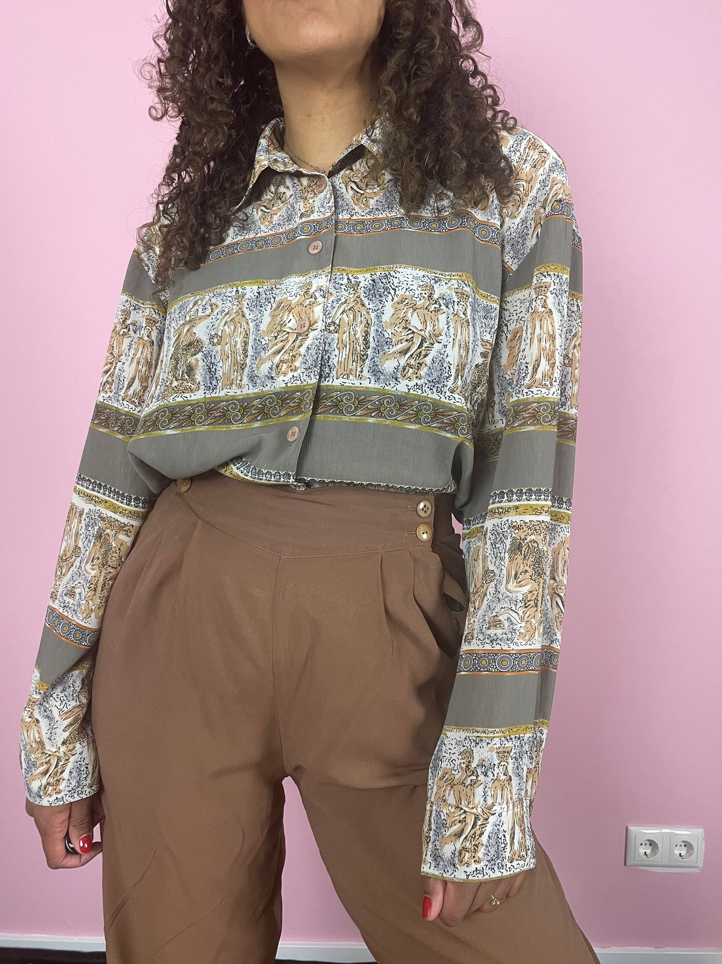 Vintage plus size blouse met Griekse print