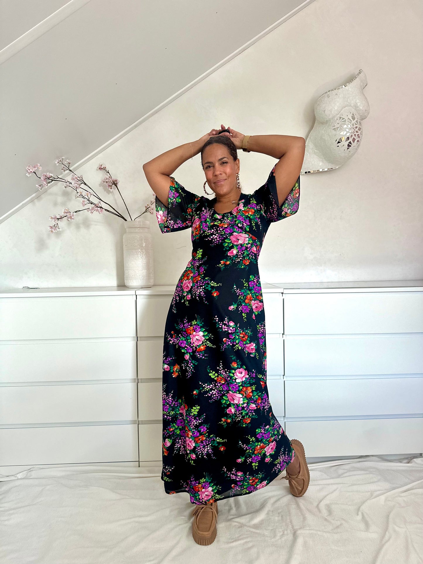 Vintage maxi-jurk uit de 70's met bloemenprint - M
