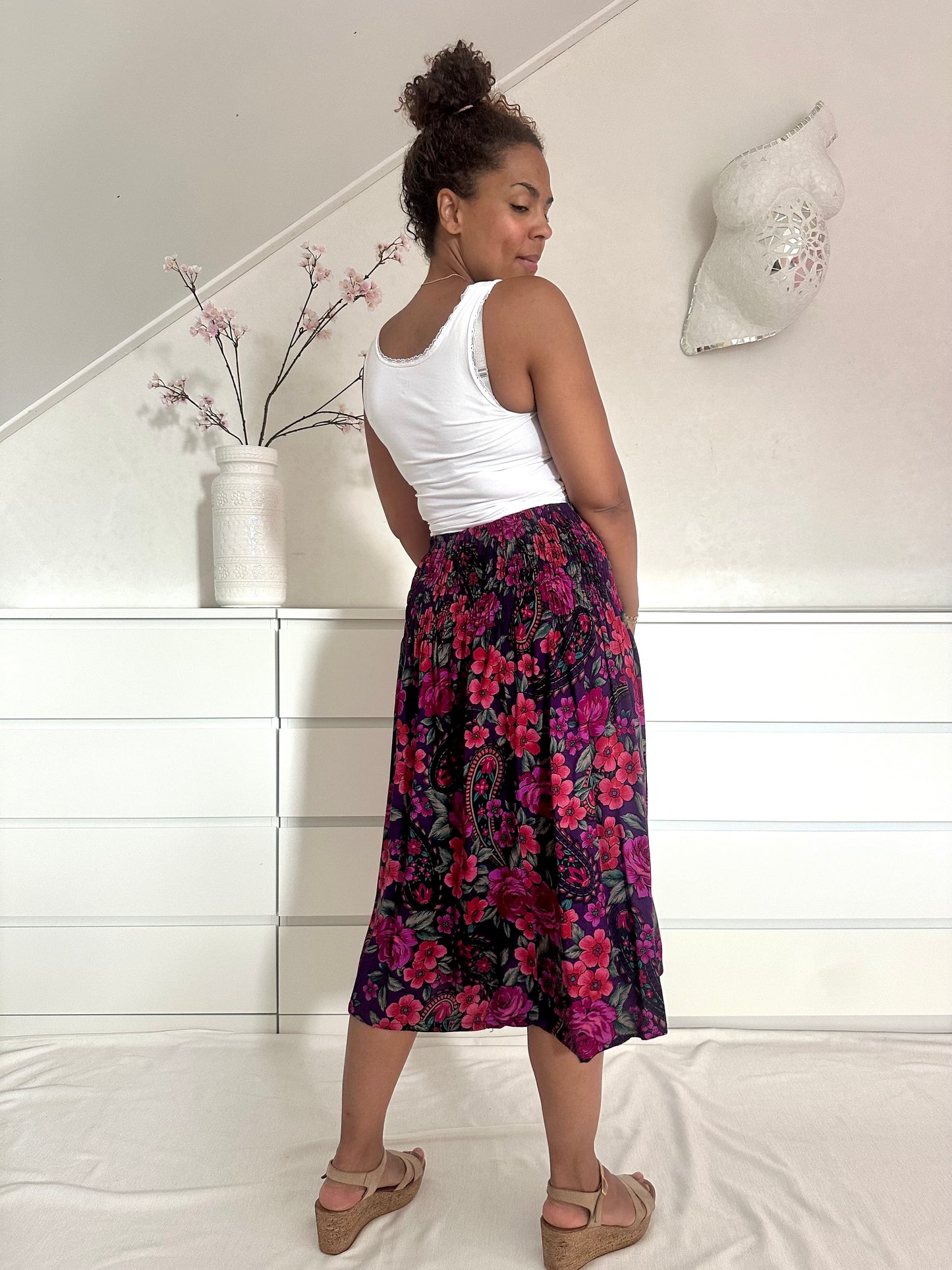 Vintage midirok met roze bloemenprint - M/L