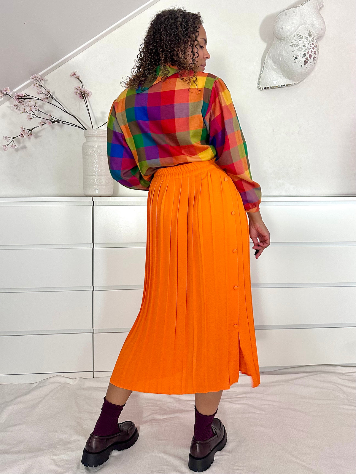 Vintage katoenen geruite blouse met herfstkleuren - M