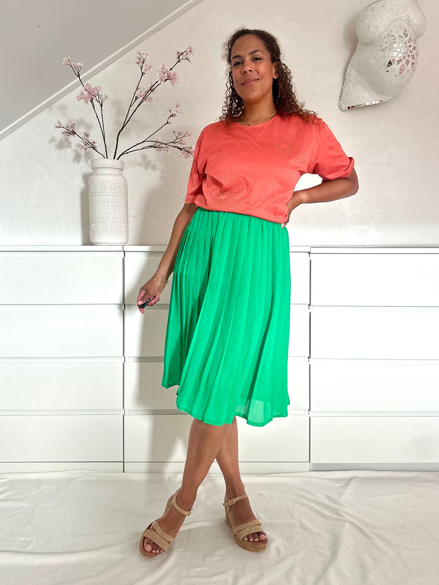 Vintage groene midirok met plooien - L/XL