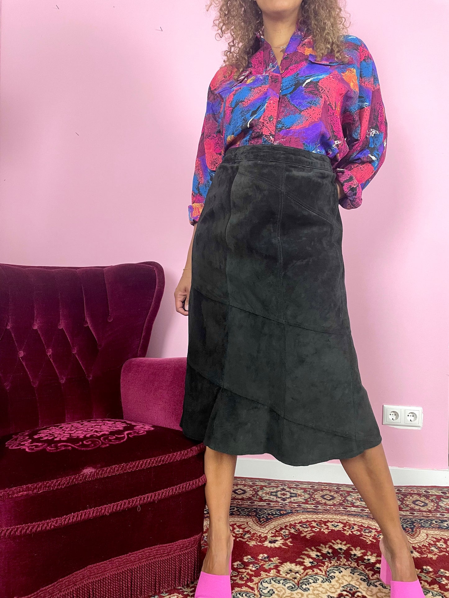 Vintage suede plus size midi rok