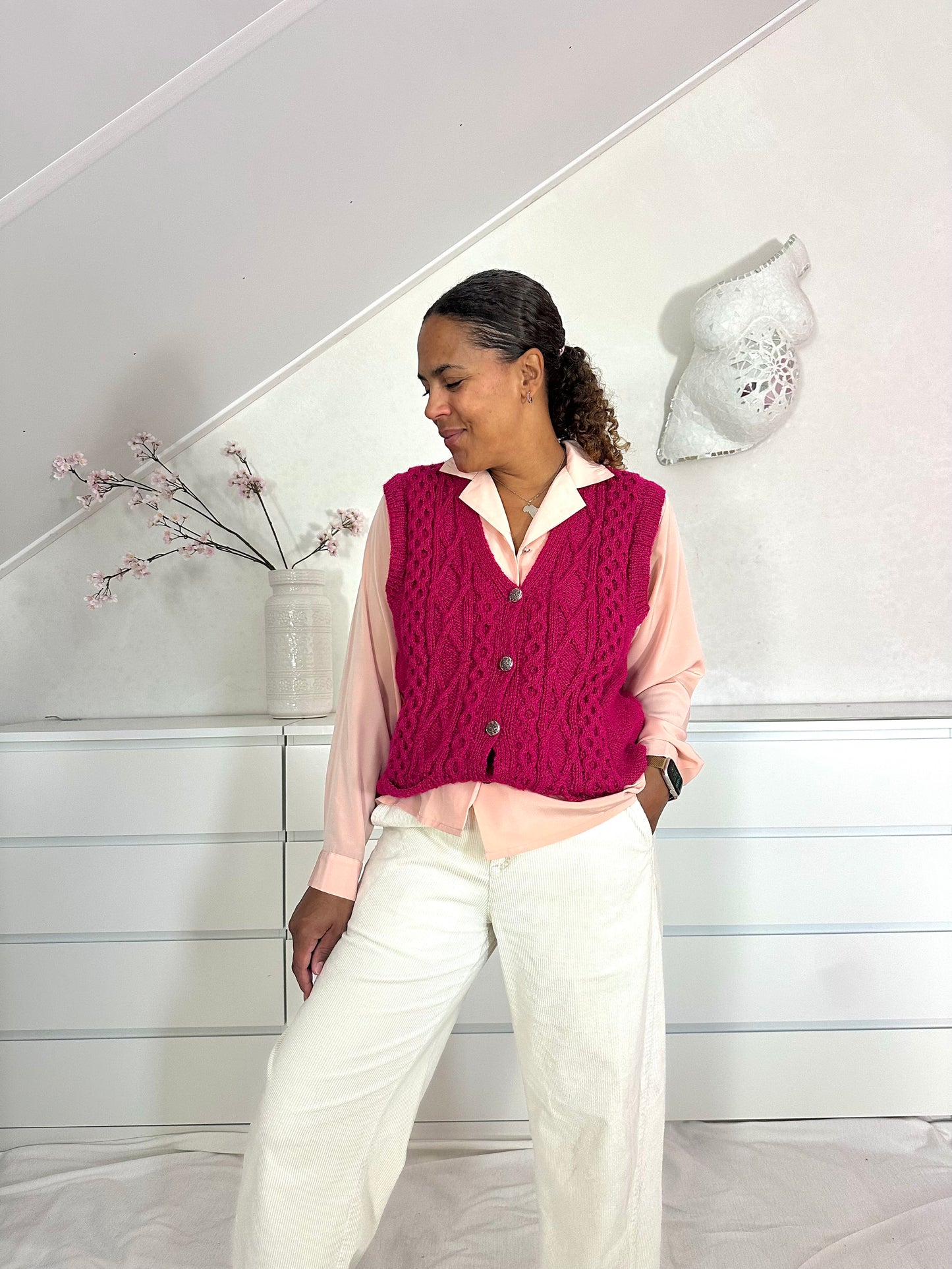 Vintage fuchsia gebreide waistcoat - L