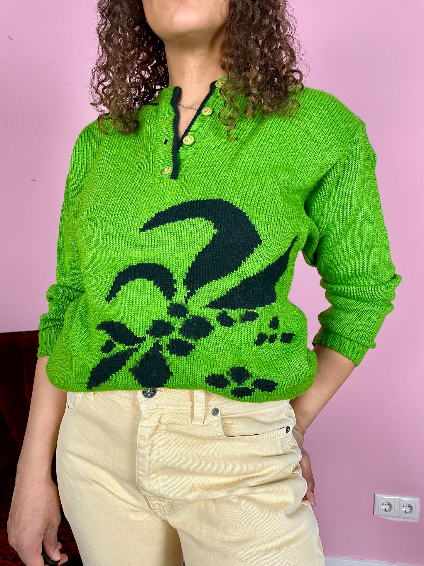 Vintage groene floral sweater