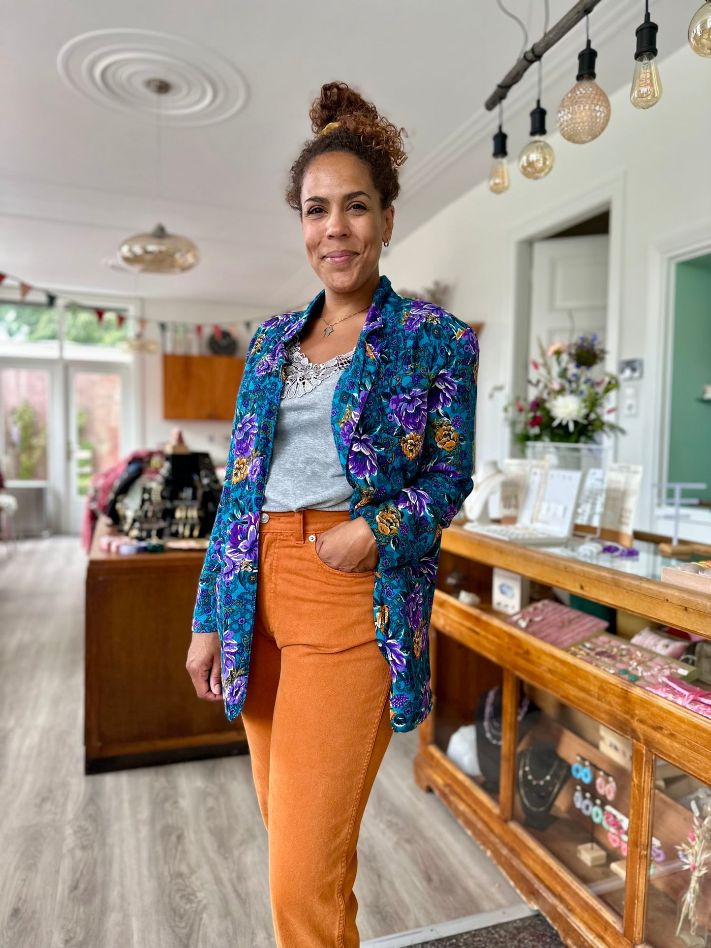 Vintage turquoise bloemen blazer