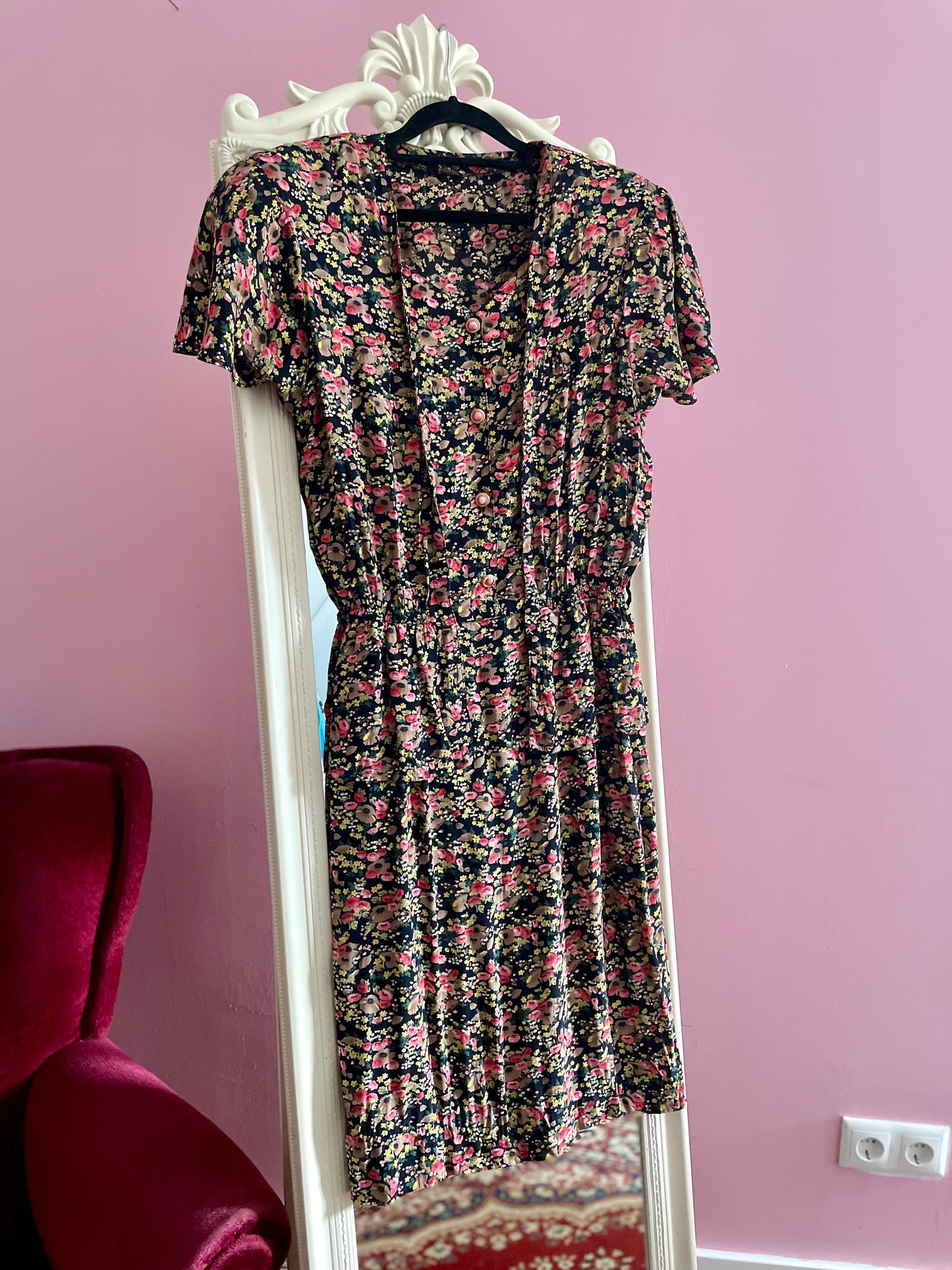 Vintage viscose peplum jurk met bloemeprint