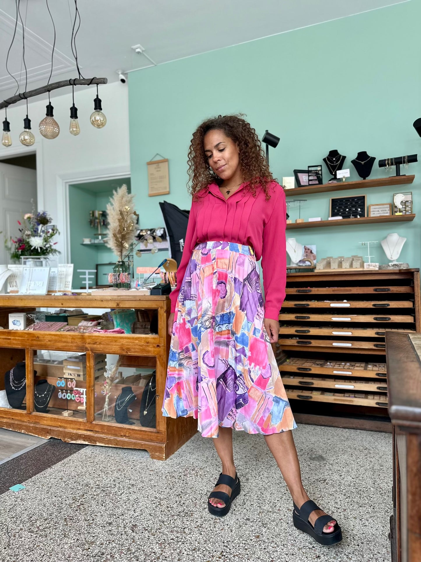 Vintage midi rok met elastische taille en elegante plooien