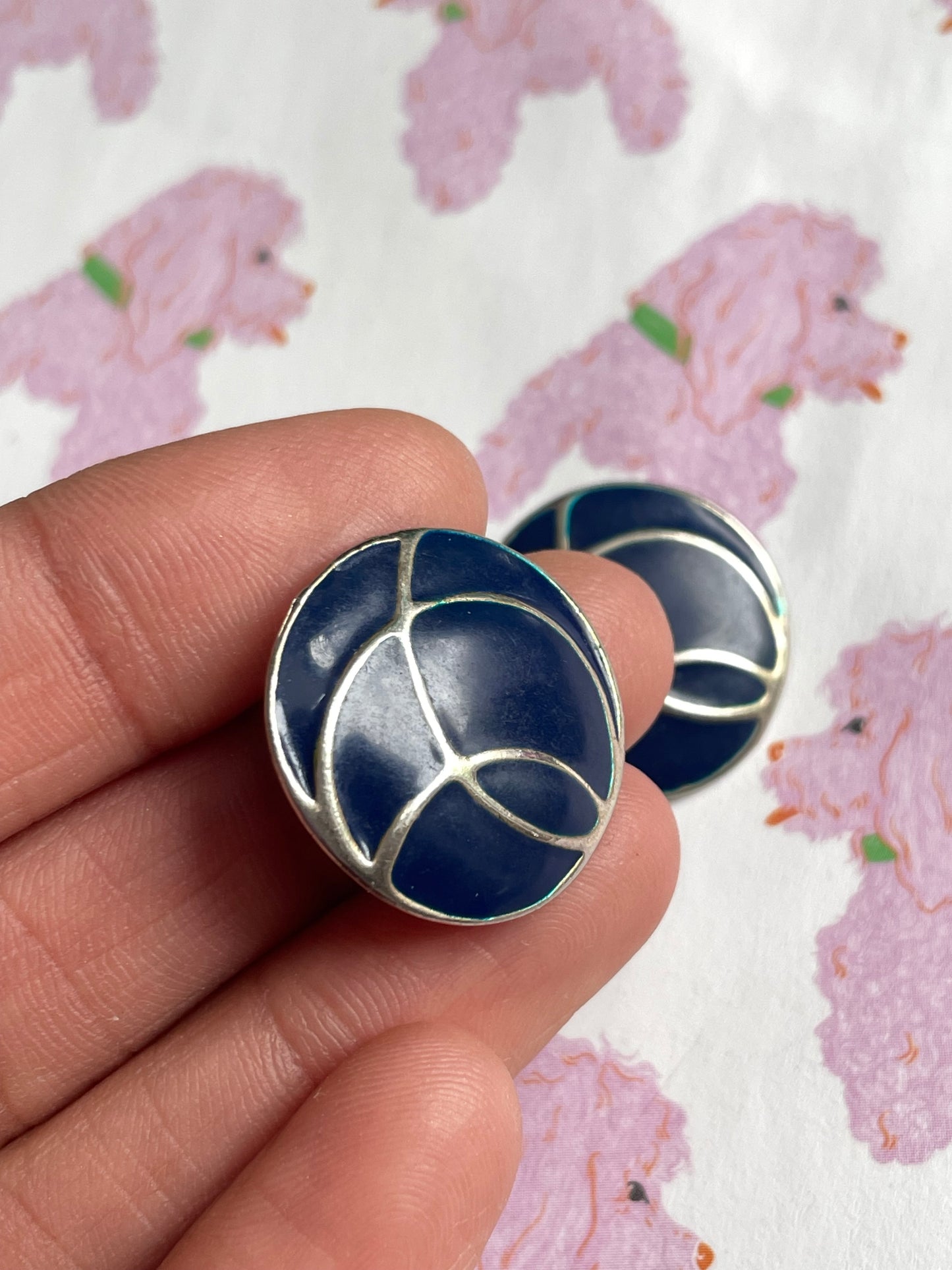 Vintage zilver & navy clip-on oorbellen