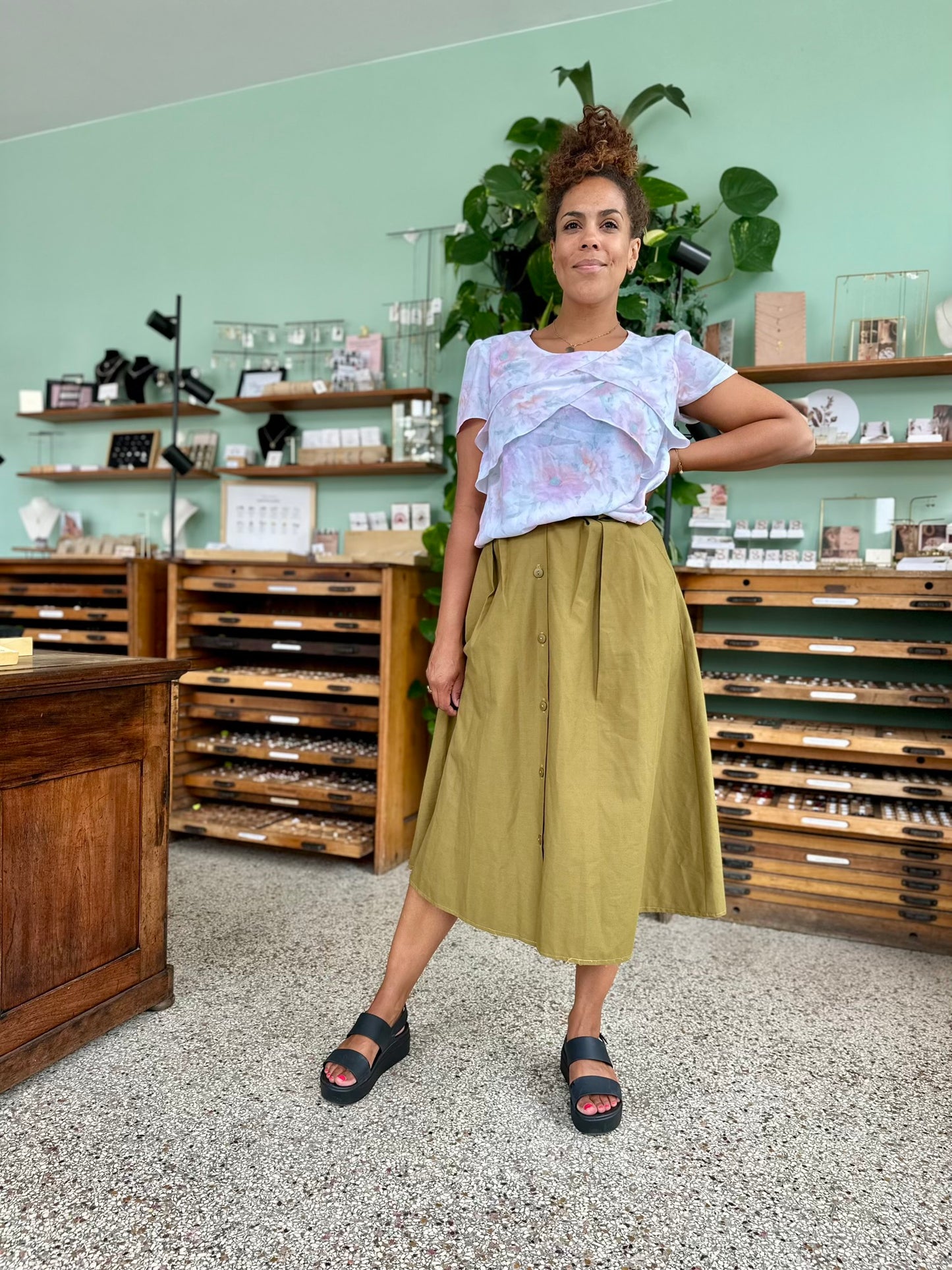 Vintage olijfgroene midi-rok