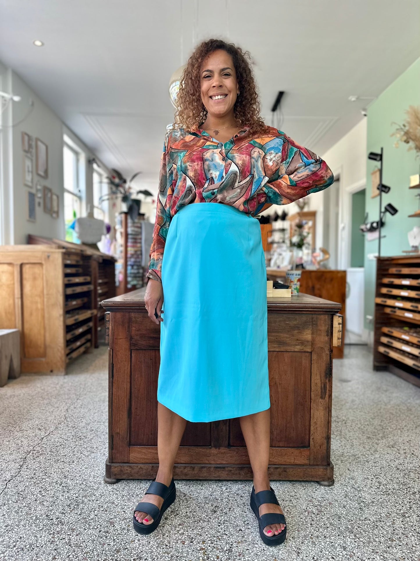 Vintage blauwe high waist rok met elastische taille en rechte pasvorm