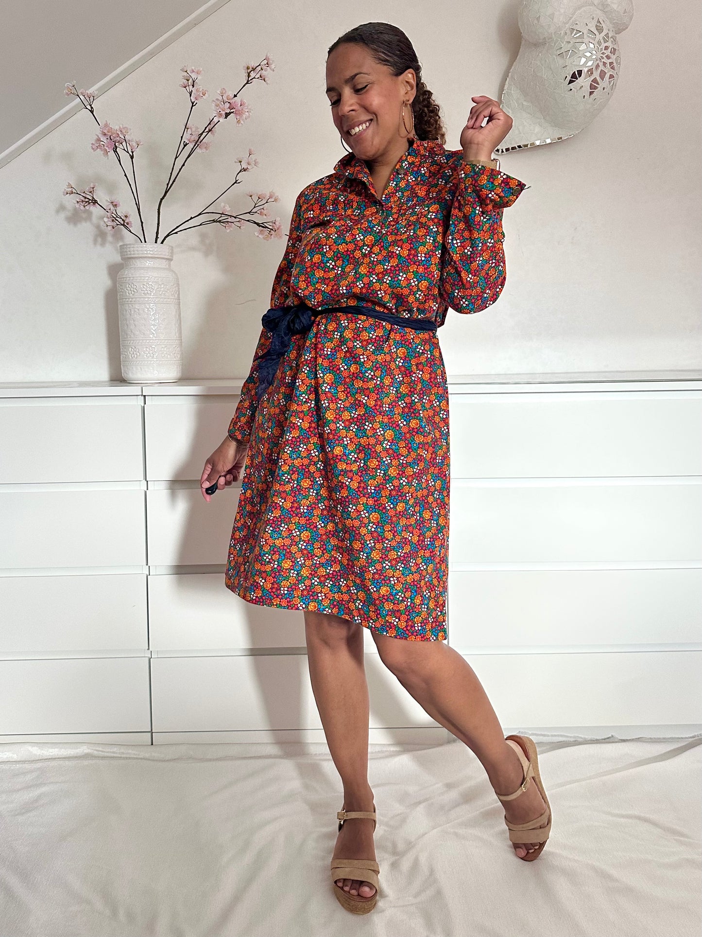Vintage katoenen relaxed fit jurk met lange mouwen en bloemen print - M/L