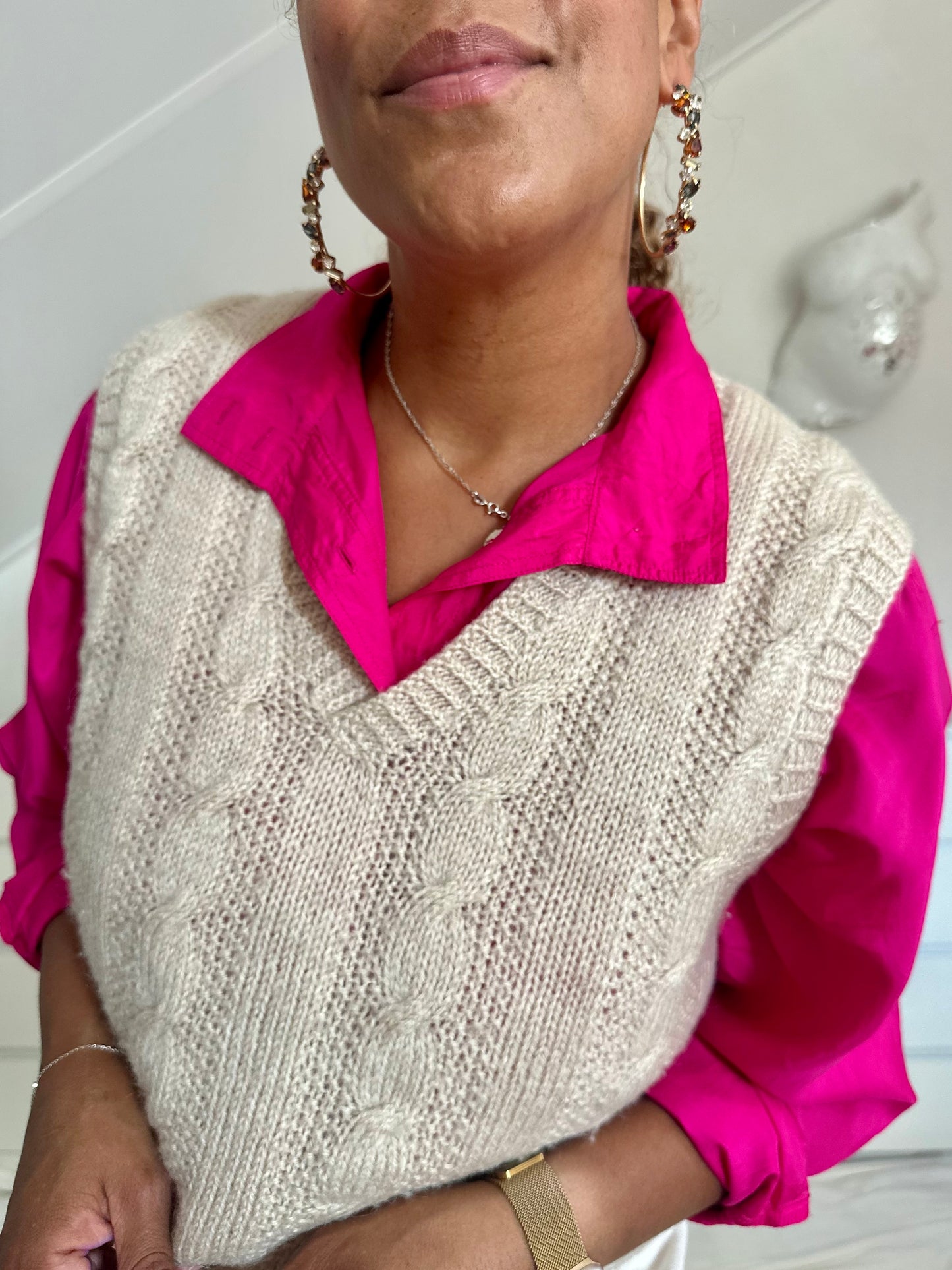 Vintage fuchsia roze zijden blouse met vleermuismouw - L/XL