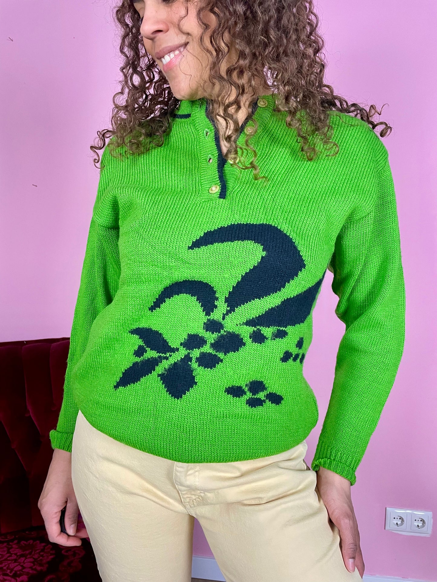 Vintage groene floral sweater