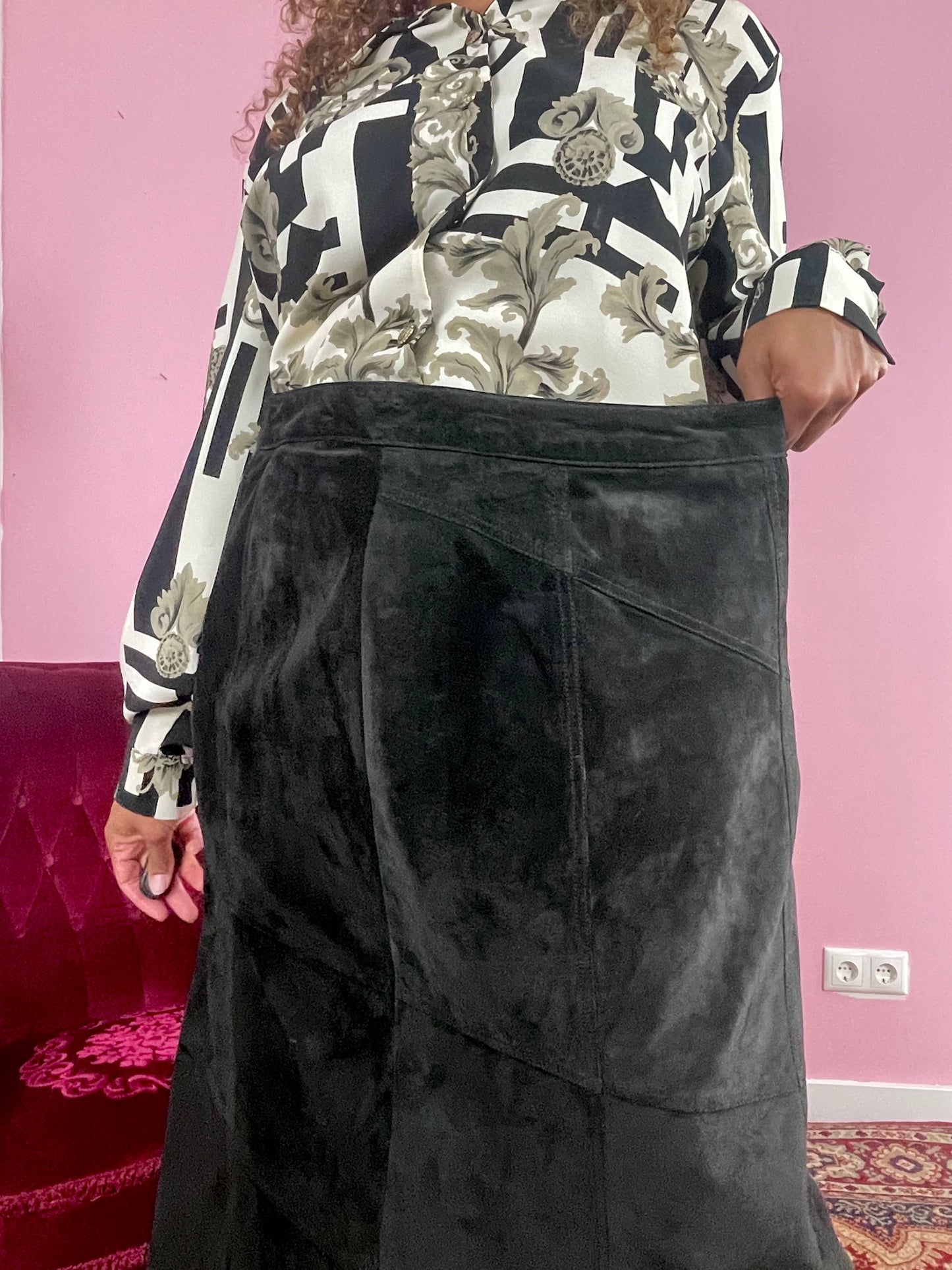 Vintage suede plus size midi rok