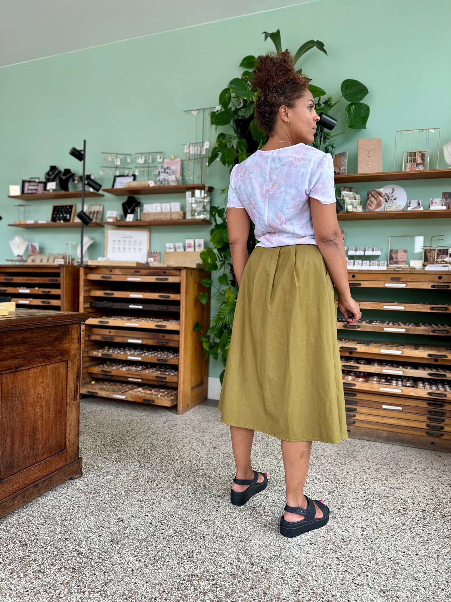 Vintage olijfgroene midi-rok
