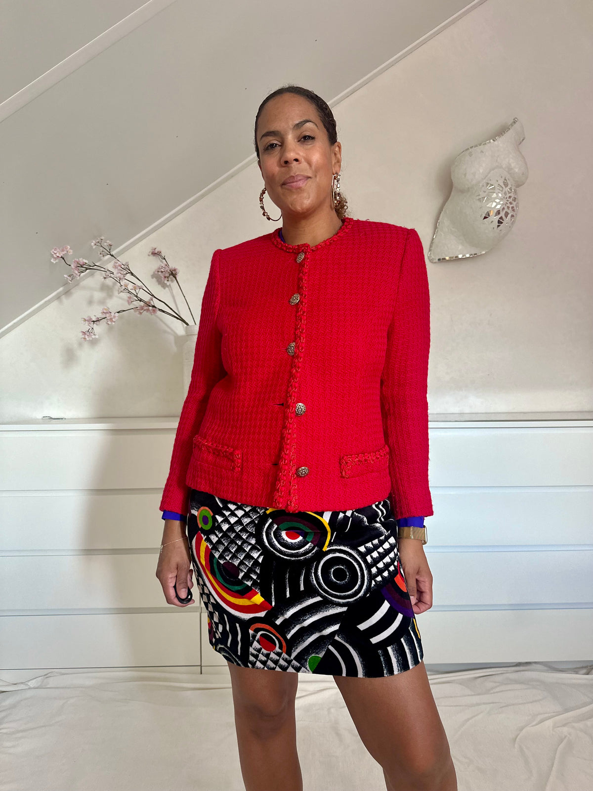 Vintage knalrood bouclé jasje - M