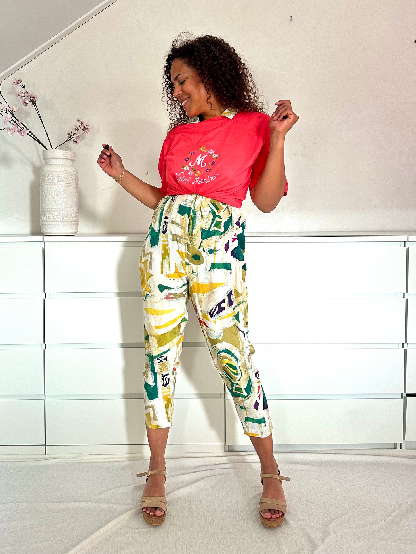 Vintage viscose 80’s jumpsuit met print - S/M