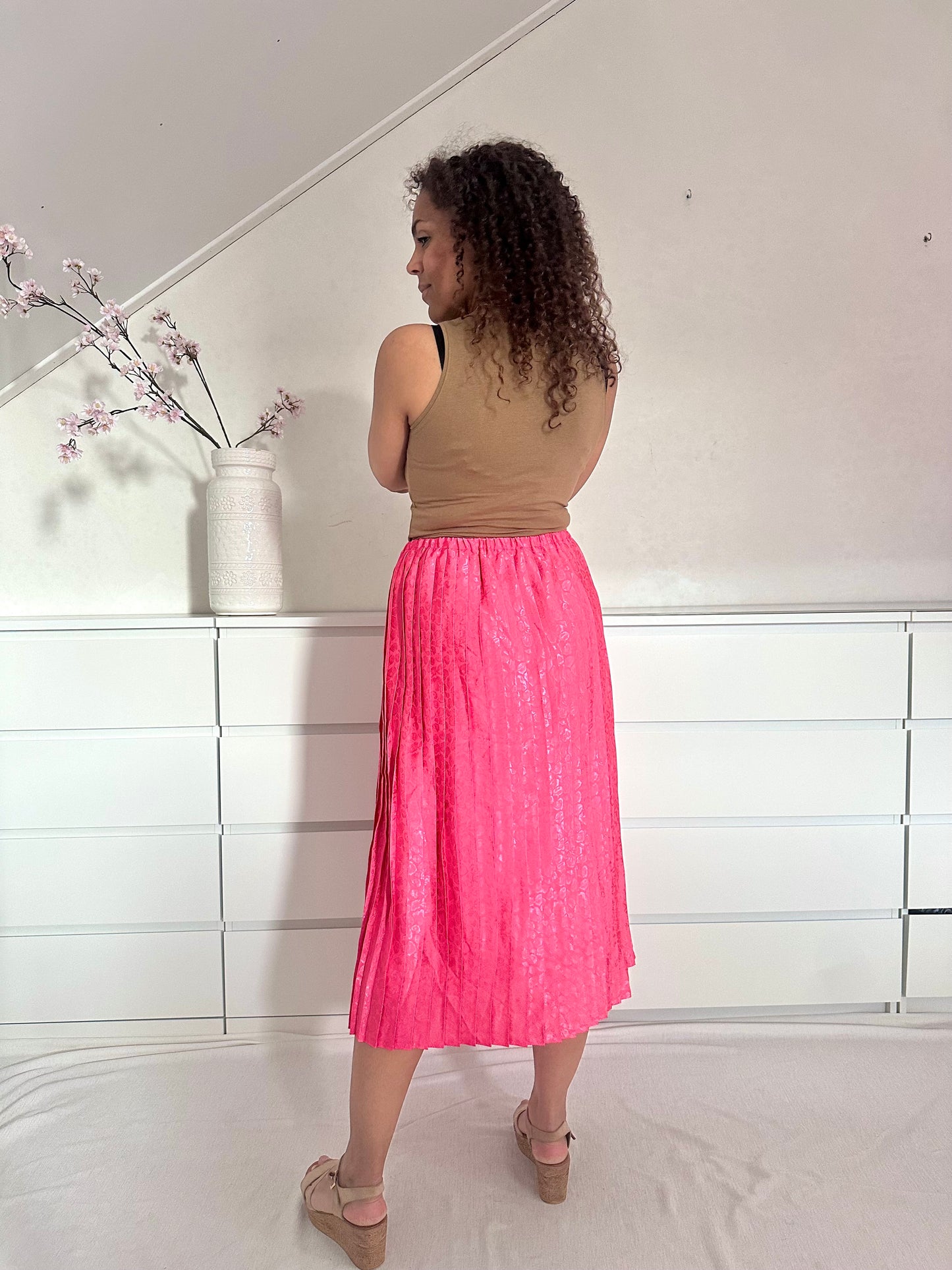 Vintage knalroze plooirok met animal print - M/L