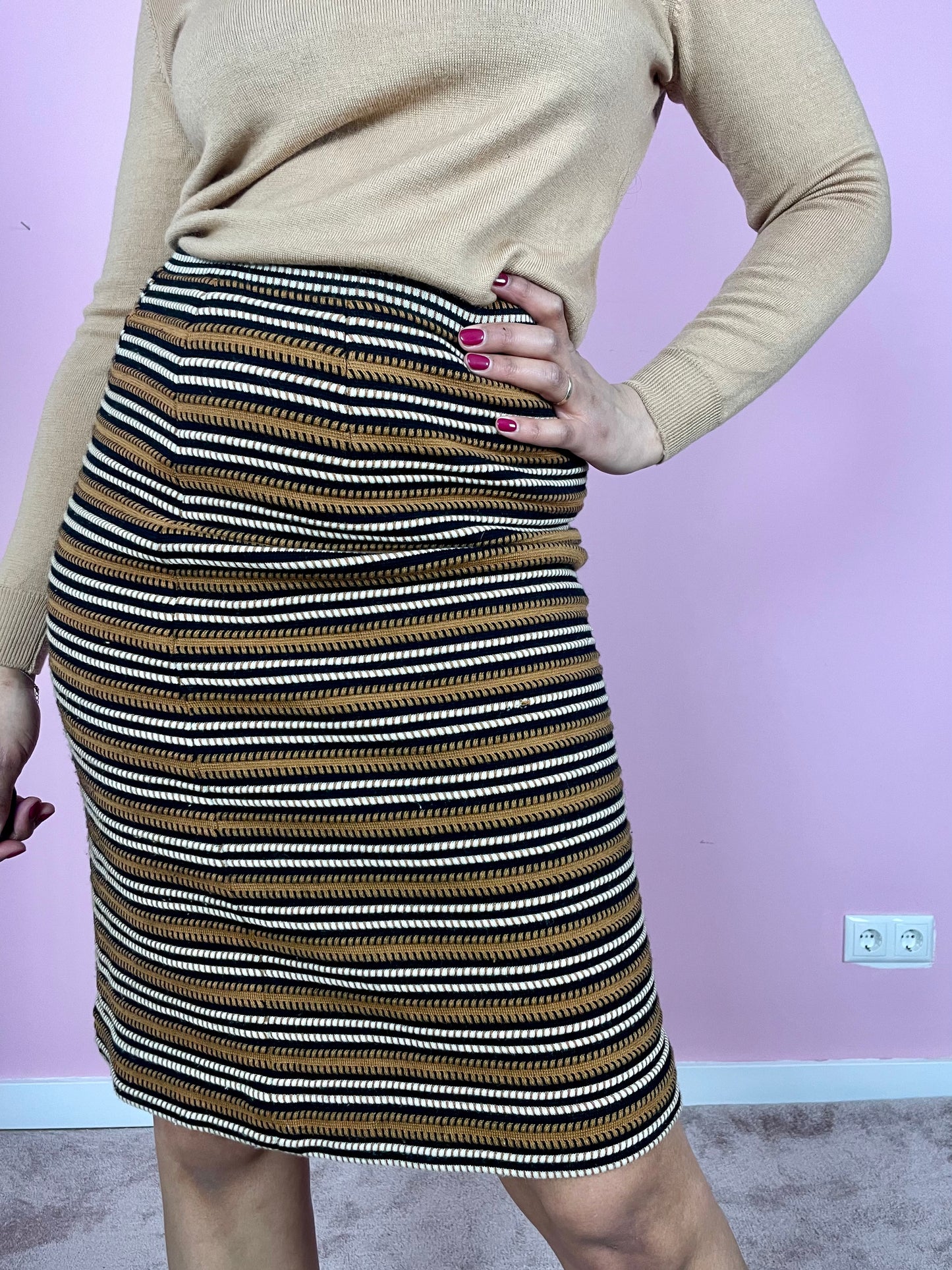 Vintage wollen striped midi kokerrok