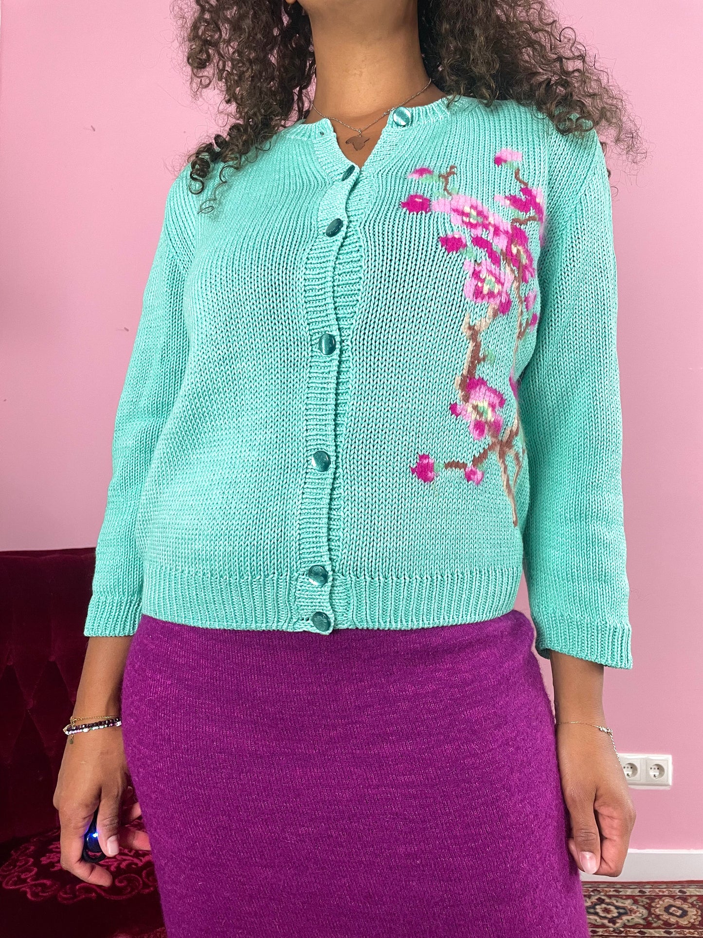 Vintage turquoise bloesem vest