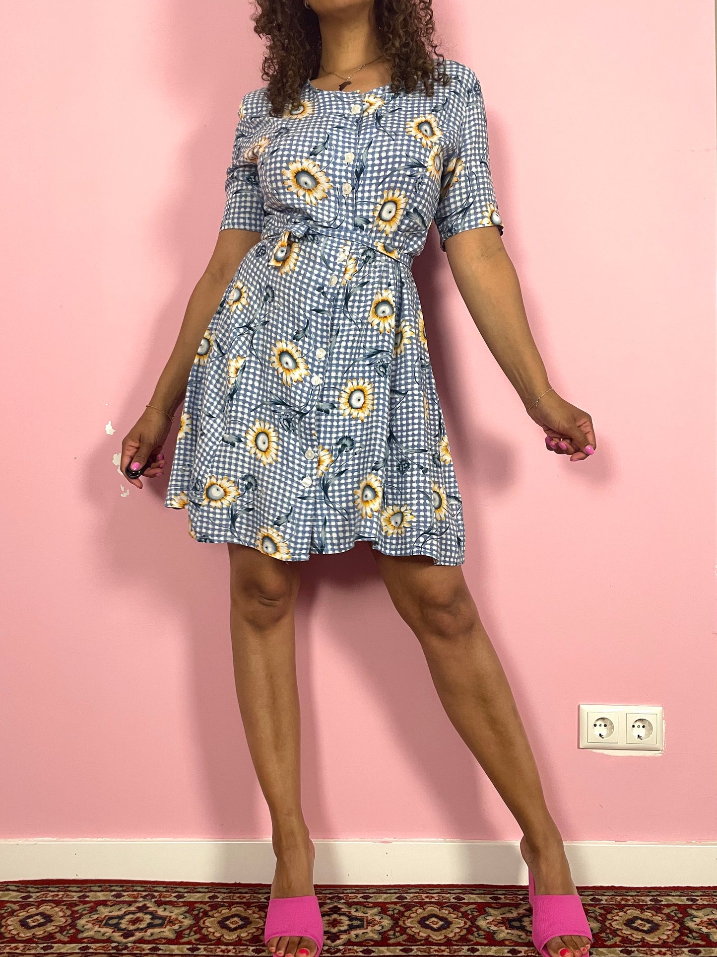 Vintage viscose zonnebloem mini jurk