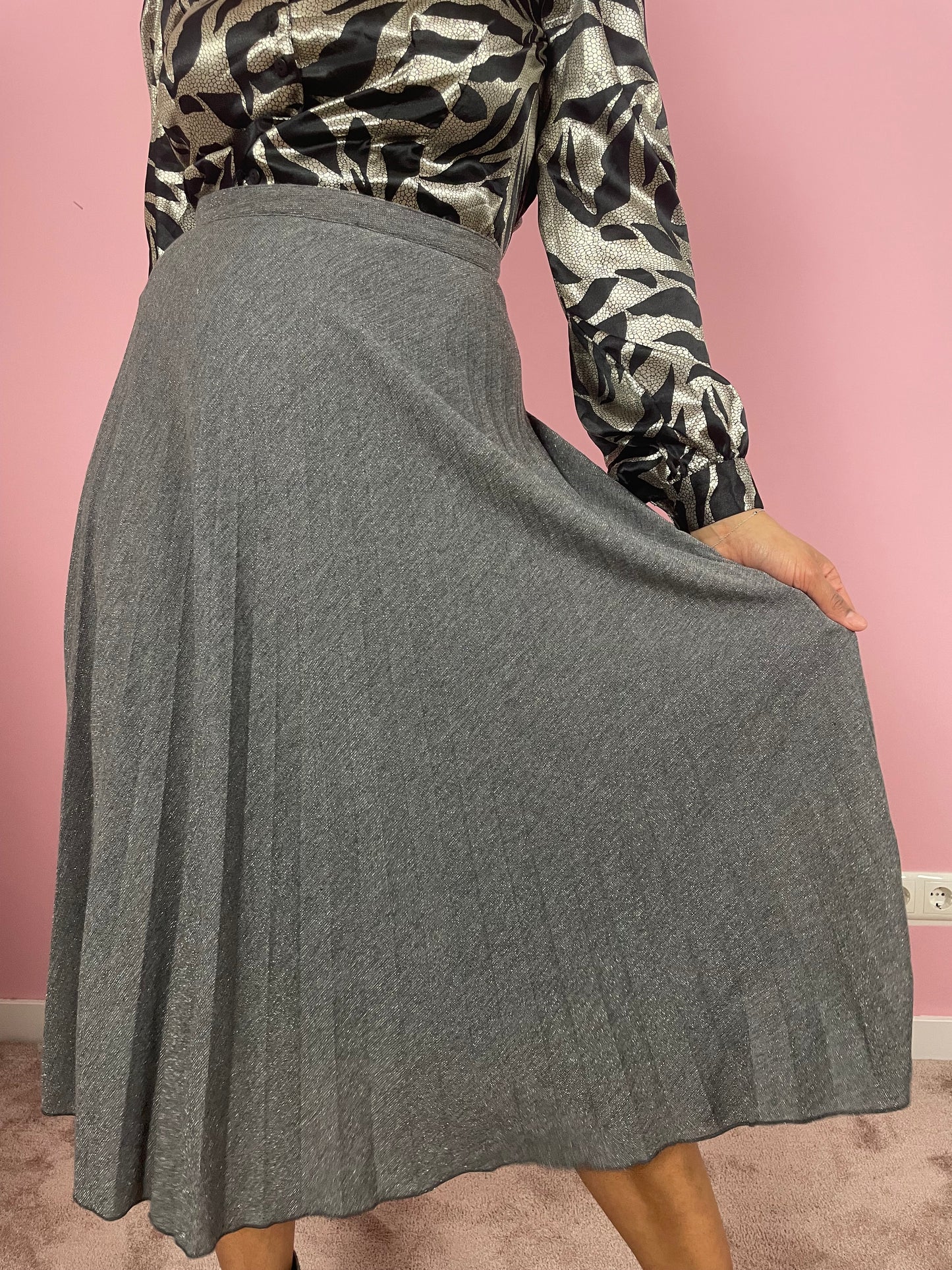Vintage zilveren metallic midi plooirok