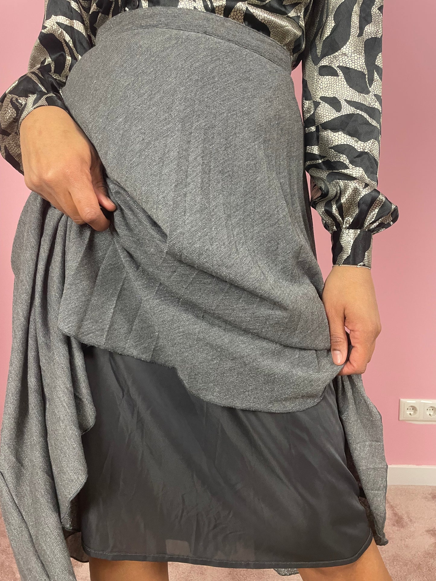 Vintage zilveren metallic midi plooirok