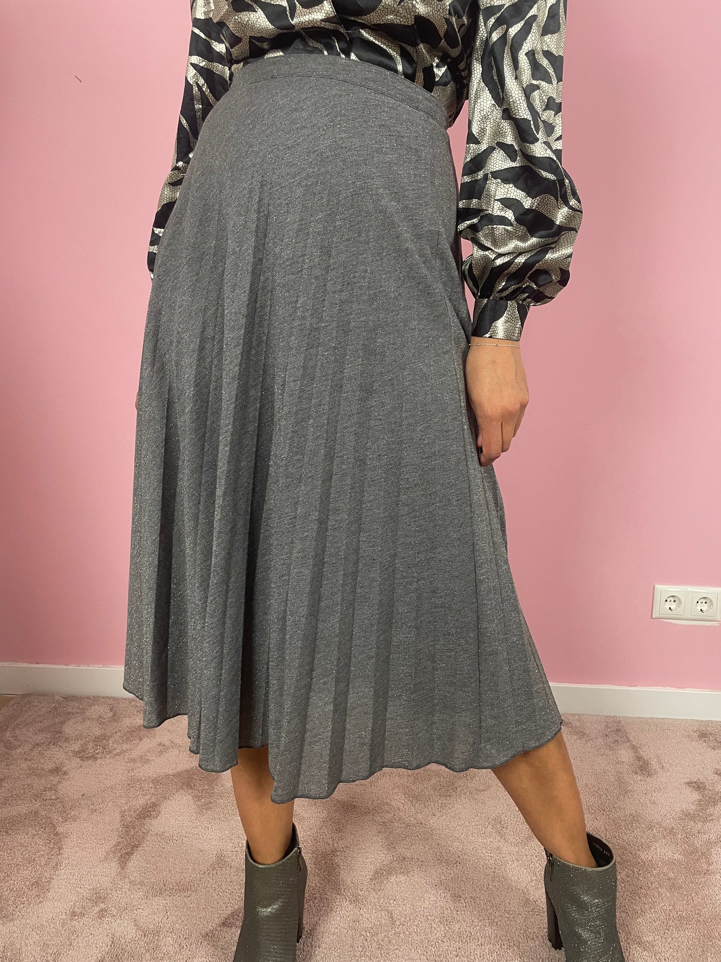 Vintage zilveren metallic midi plooirok