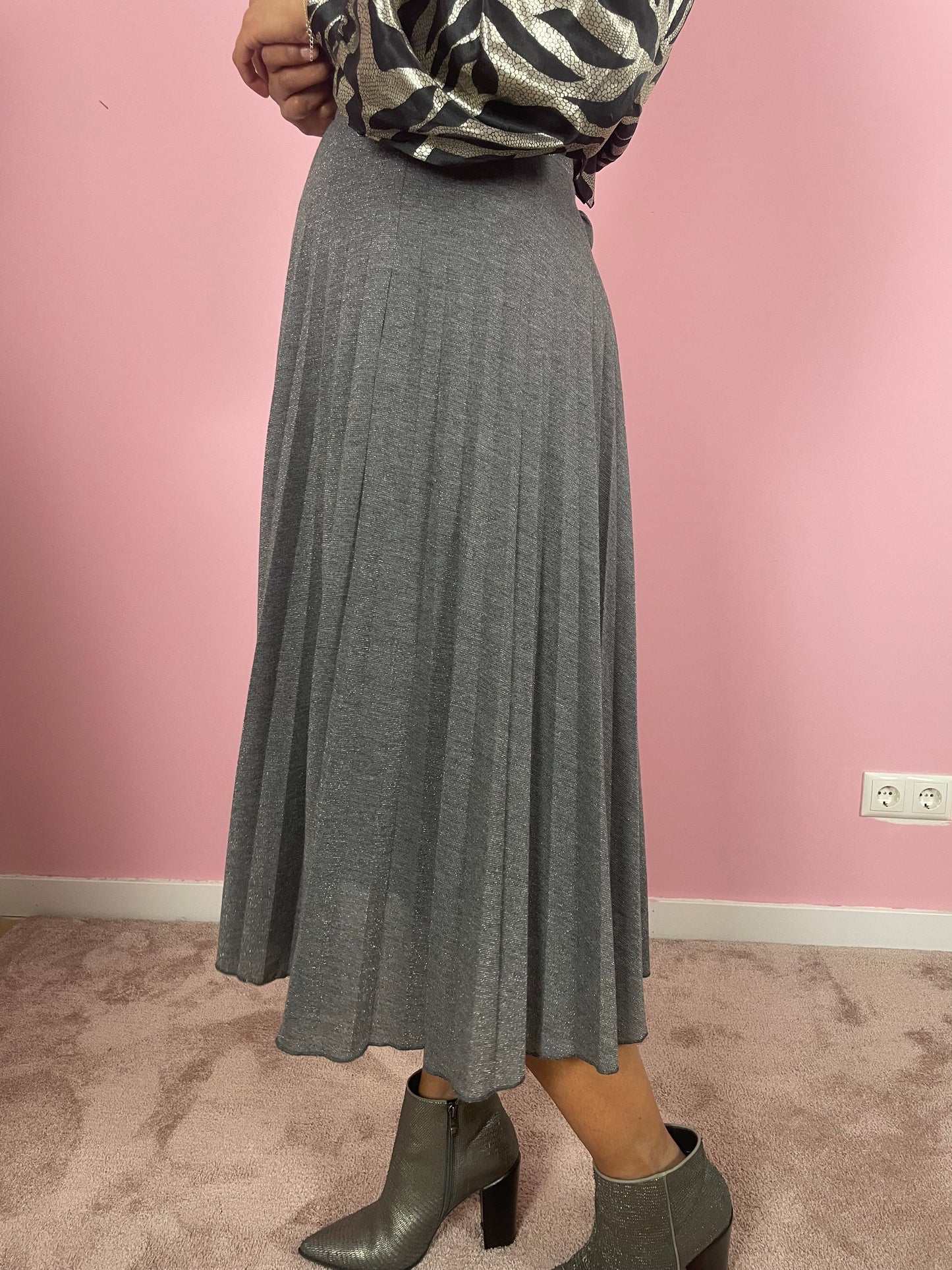 Vintage zilveren metallic midi plooirok