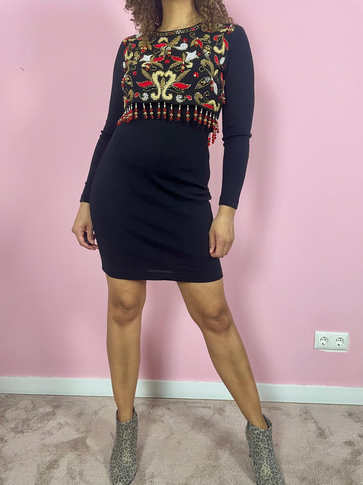 Vintage beaded wollen party jurk