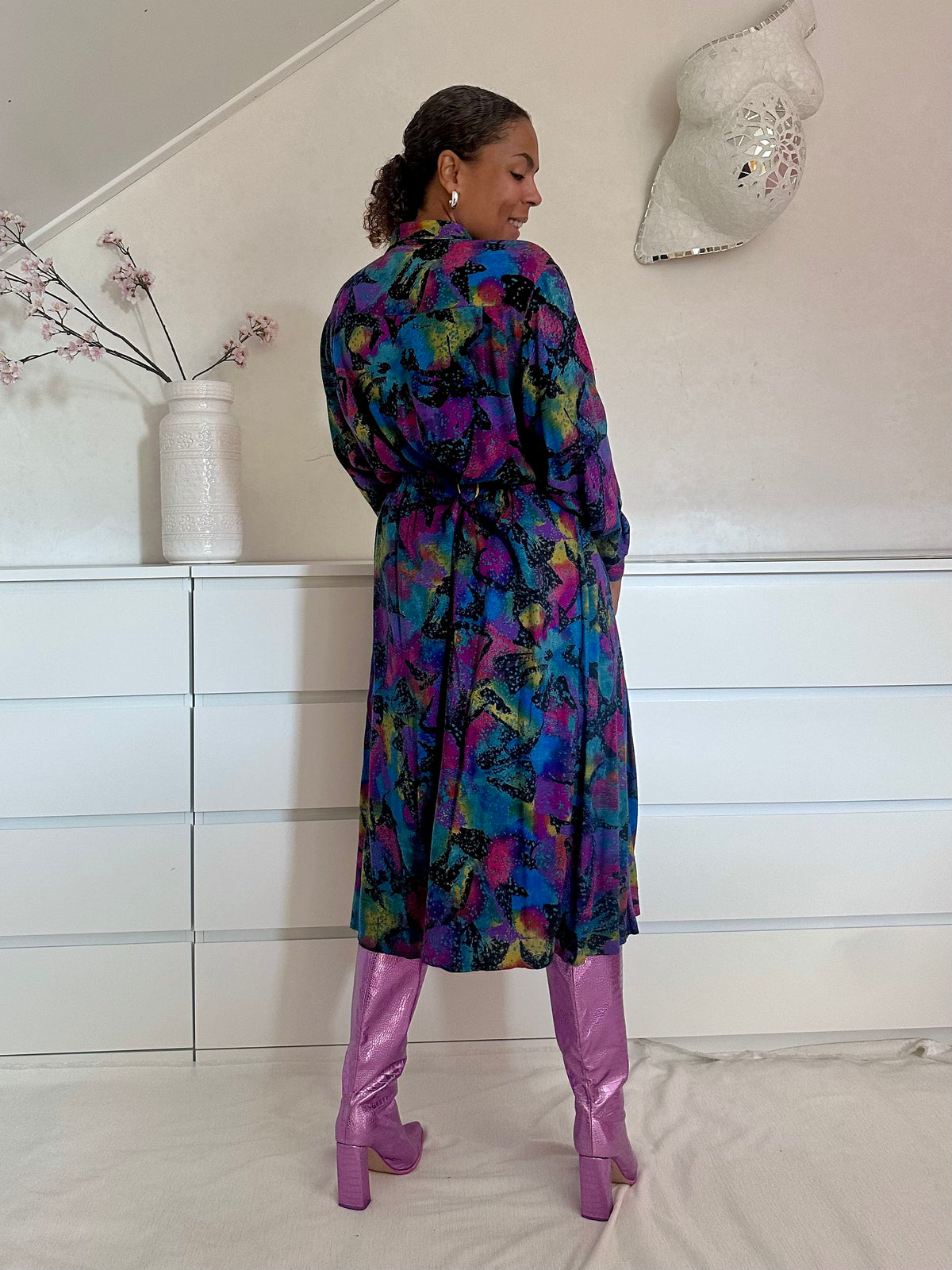 Vintage viscose co-ord set met kleurrijke bonte print -L/XL