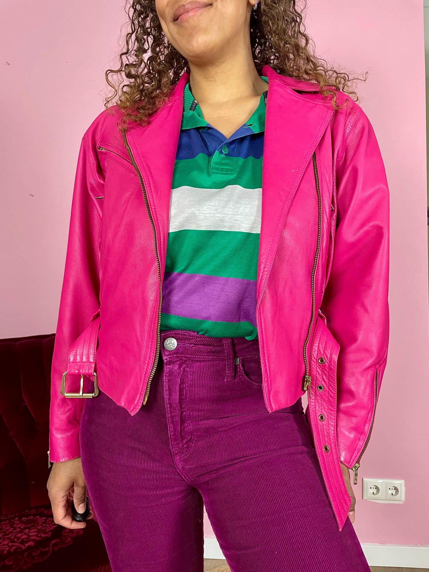 Vintage fuchsia leren bikerjack