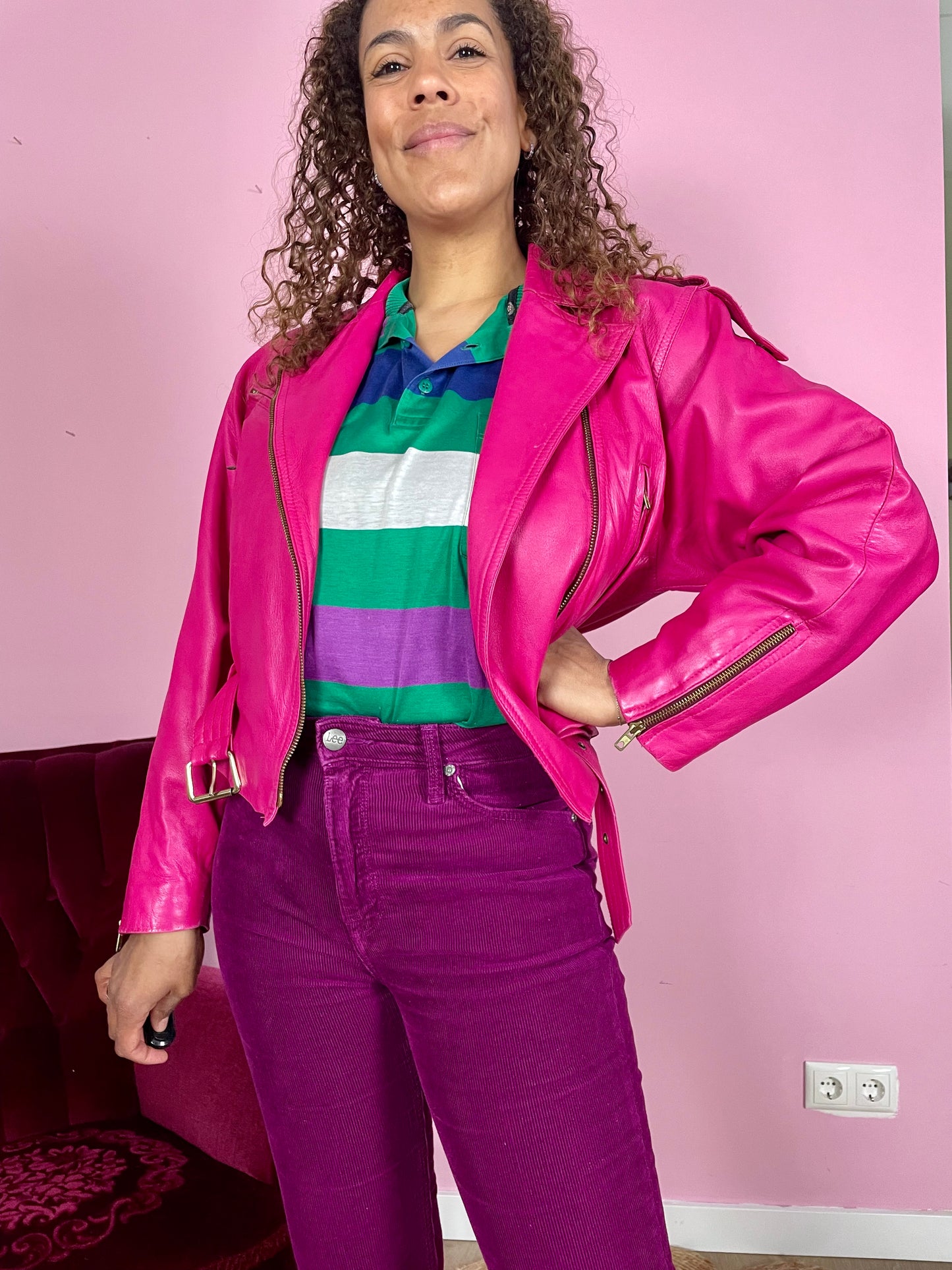 Vintage fuchsia leren bikerjack