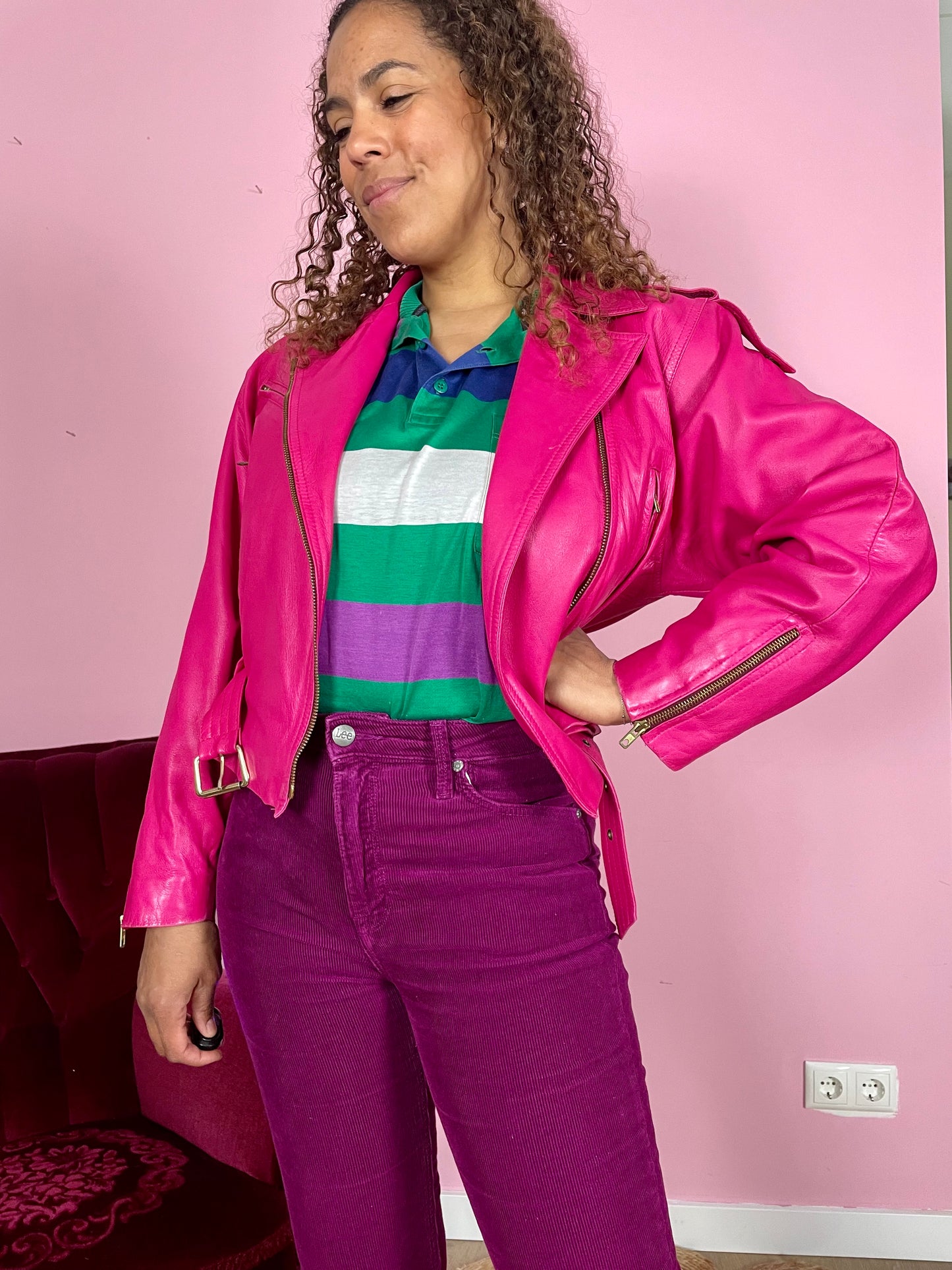Vintage fuchsia leren bikerjack